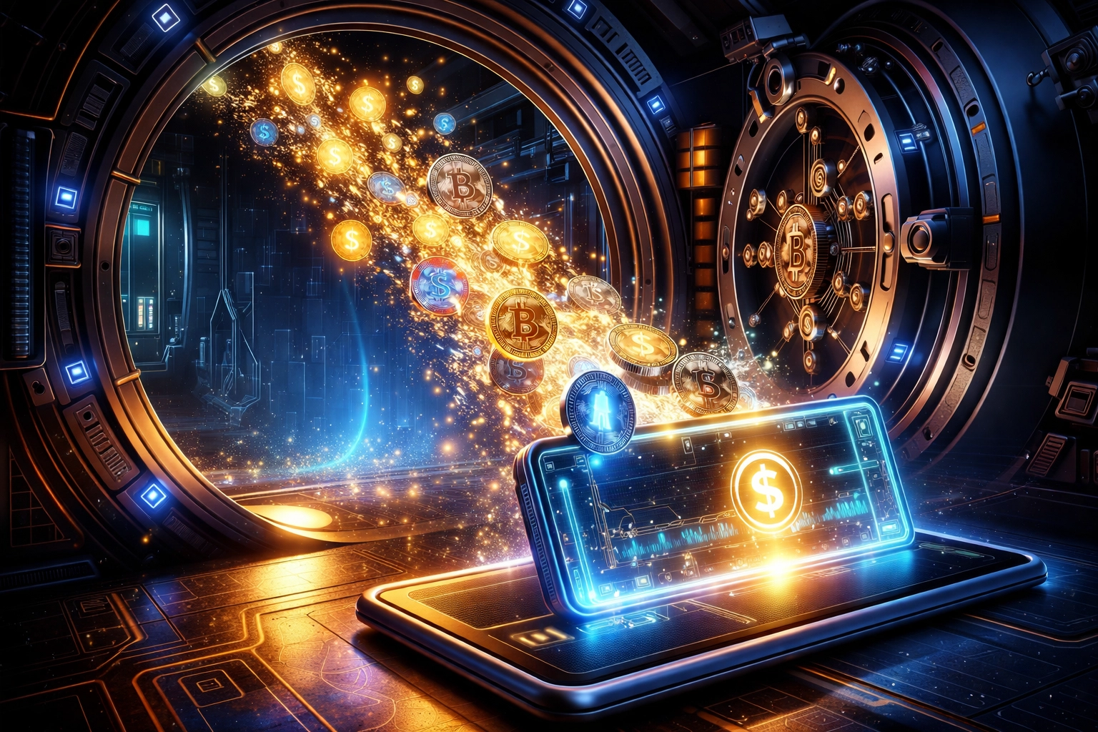 A digital vault opens to transfer cryptocurrency coins directly to a merchant wallet, symbolizing secure self-custody payments and reduced fees.