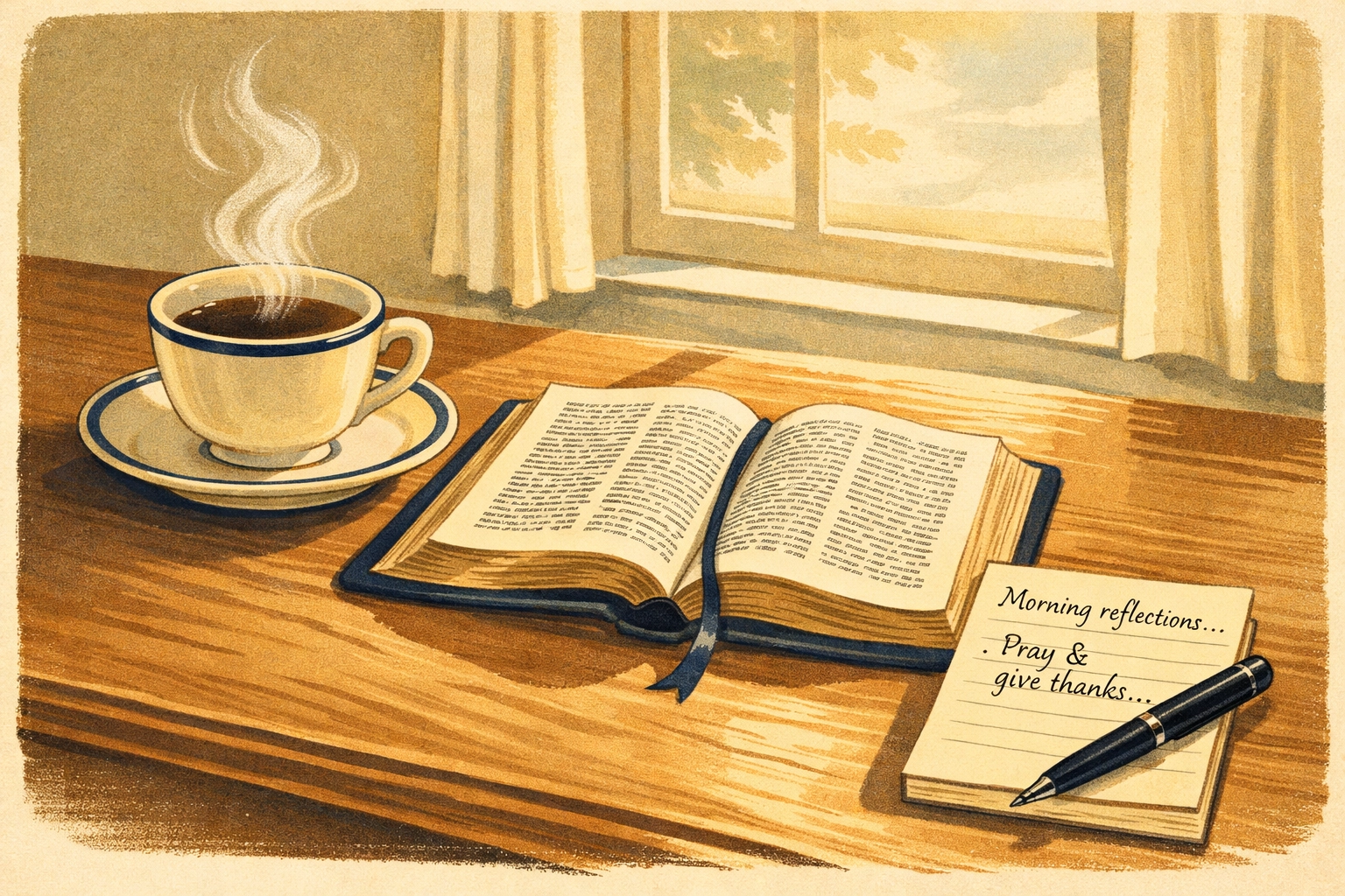 Peaceful morning scene with coffee and Bible representing calm Christ-centered news routine