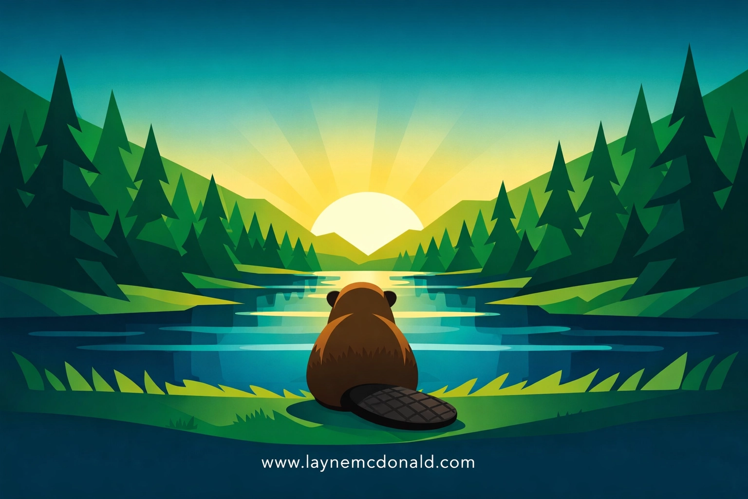 Minimalist illustration of a beaver in a forest glade, representing environmental stewardship in Pixar’s Hoppers.