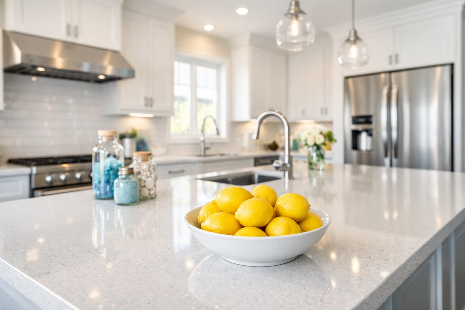 Spotless modern kitchen with quartz countertops following a professional house cleaning Shirley MA visit.