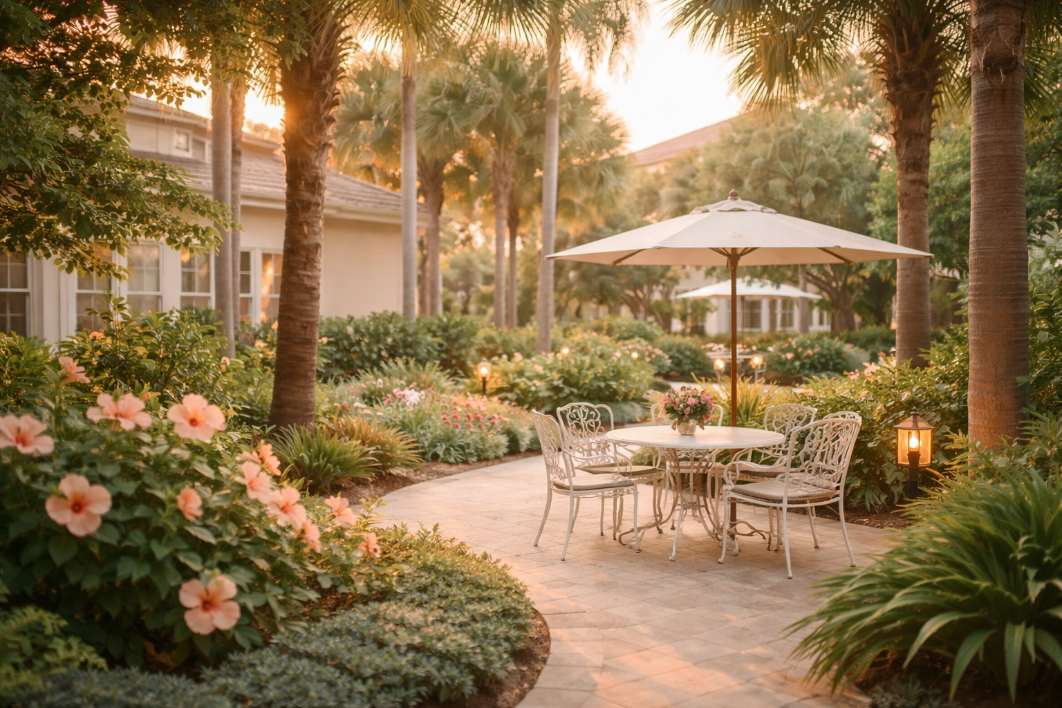 Serene outdoor courtyard at a Sarasota senior living facility, featuring relaxing seating and tropical plants.