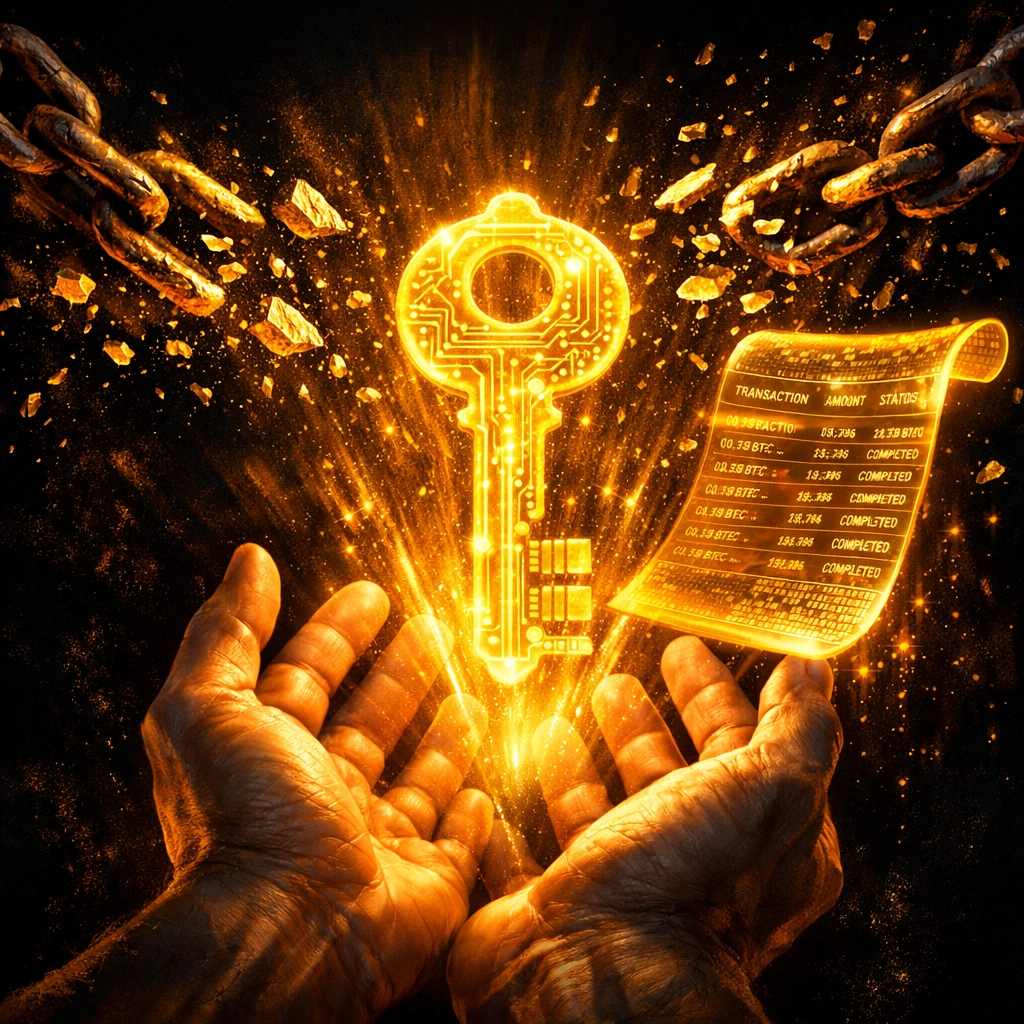 Golden digital key shattering chains to symbolize merchant independence and decentralized data ownership.