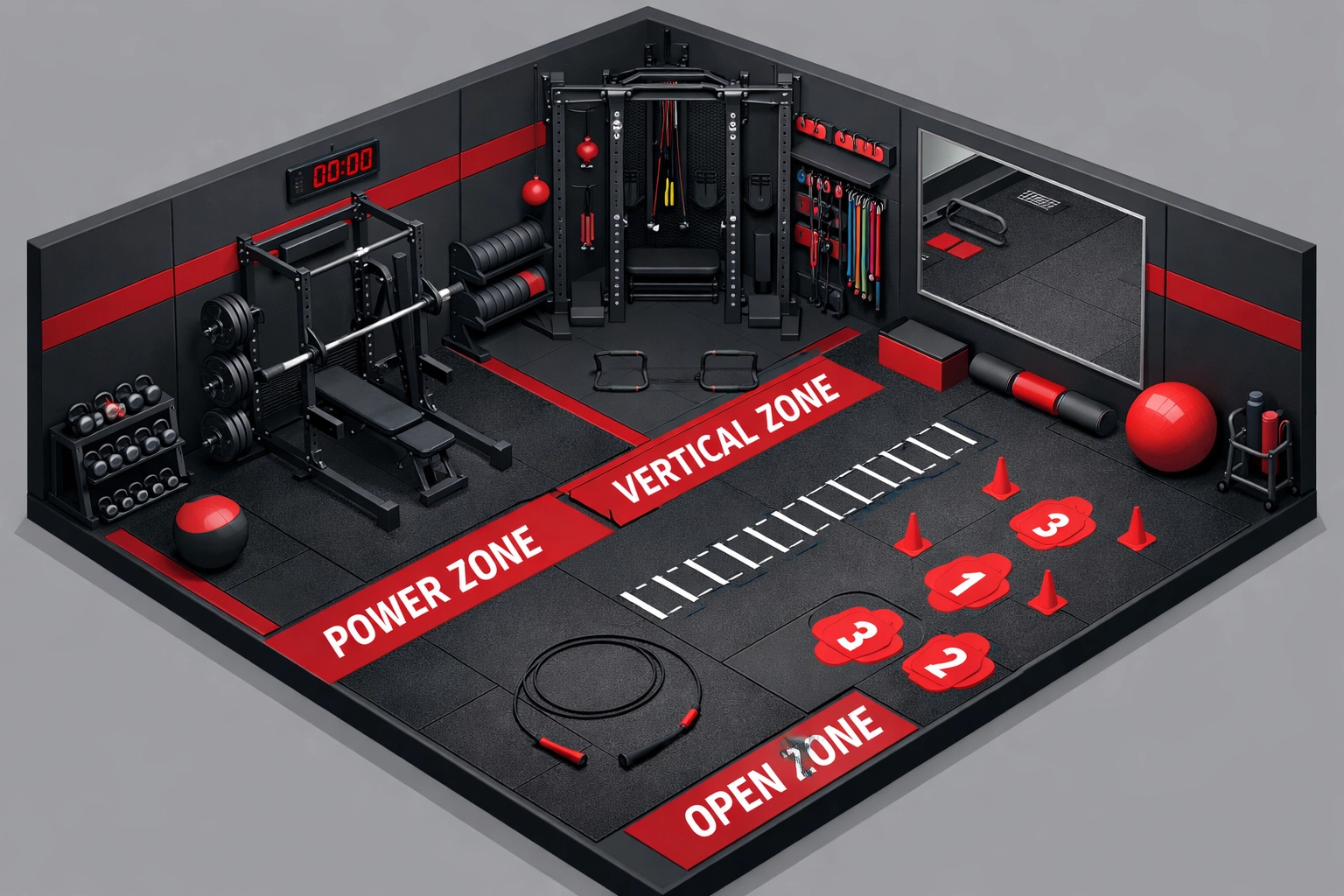 Optimized home gym layout showing dedicated zones for calisthenics, weights, and open floor exercise.