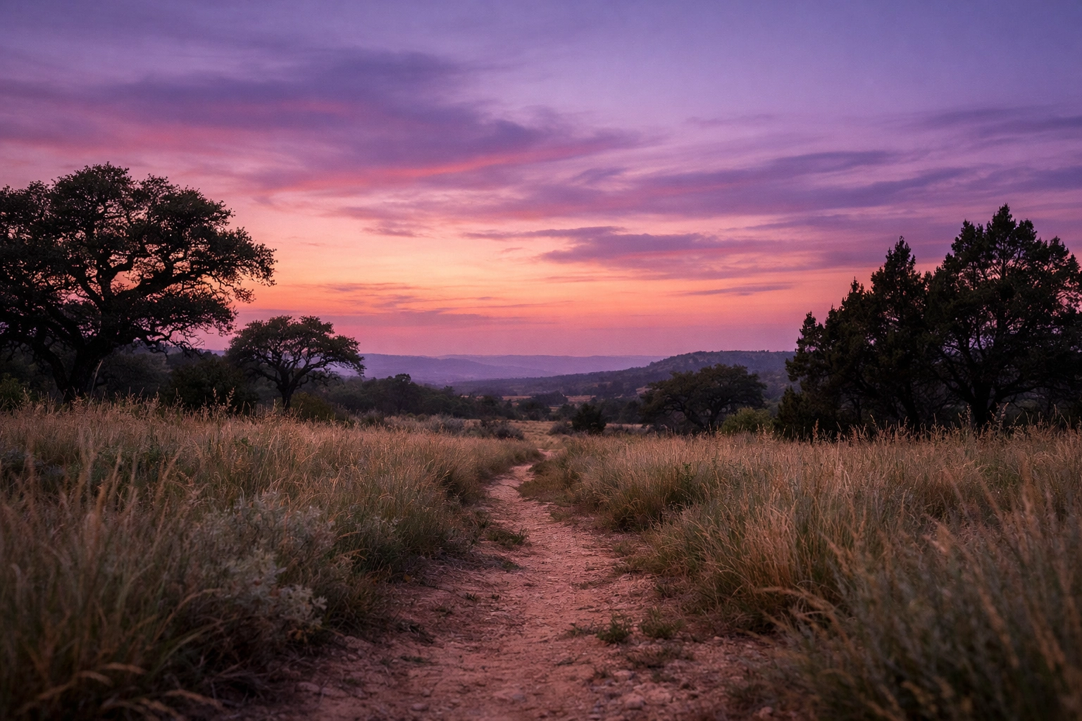 Texas Hill Country sunset path symbolizing new beginning in addiction recovery treatment