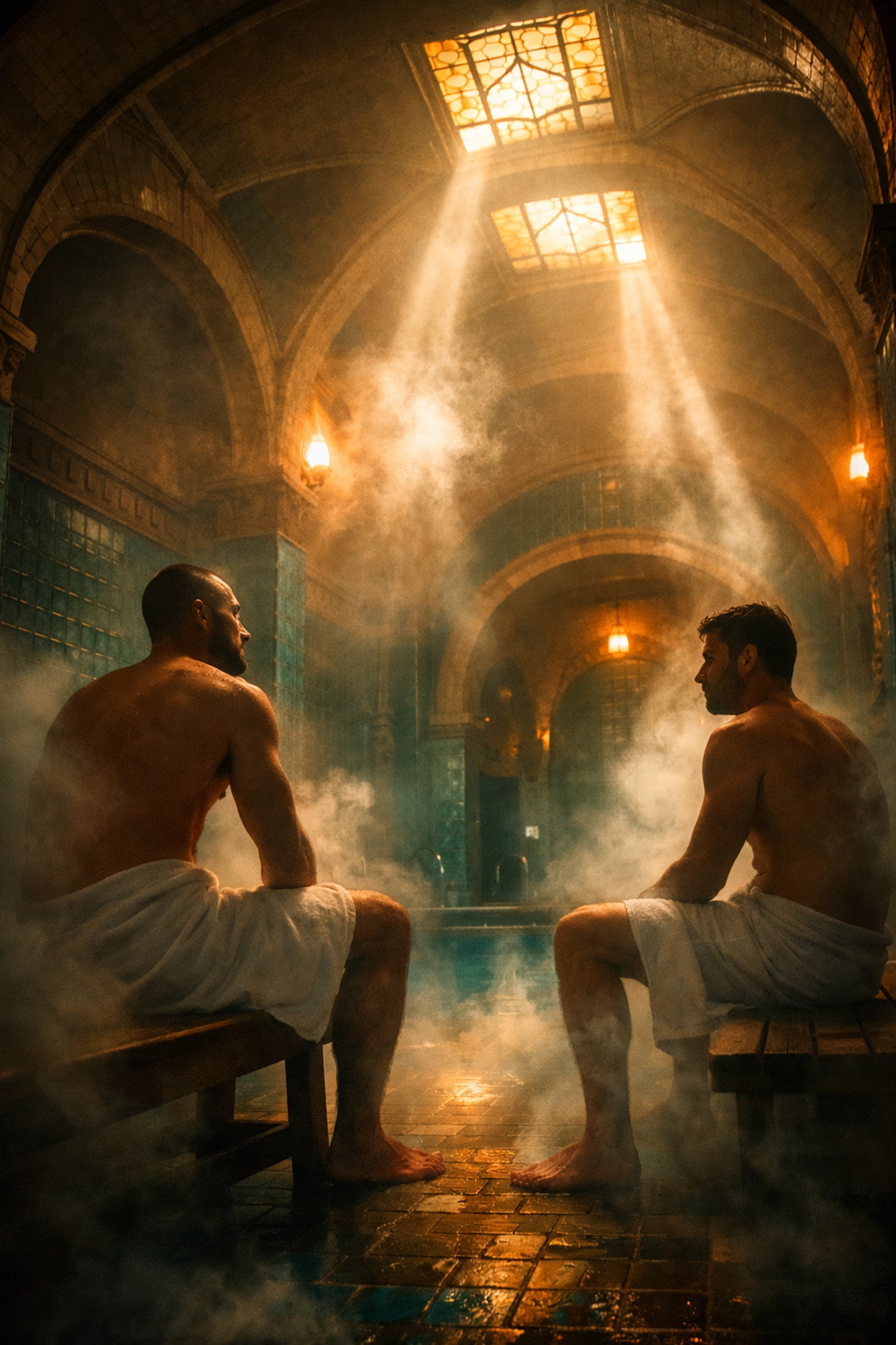 Two men relaxing in historic Berlin bathhouse with art deco tiles and eucalyptus steam