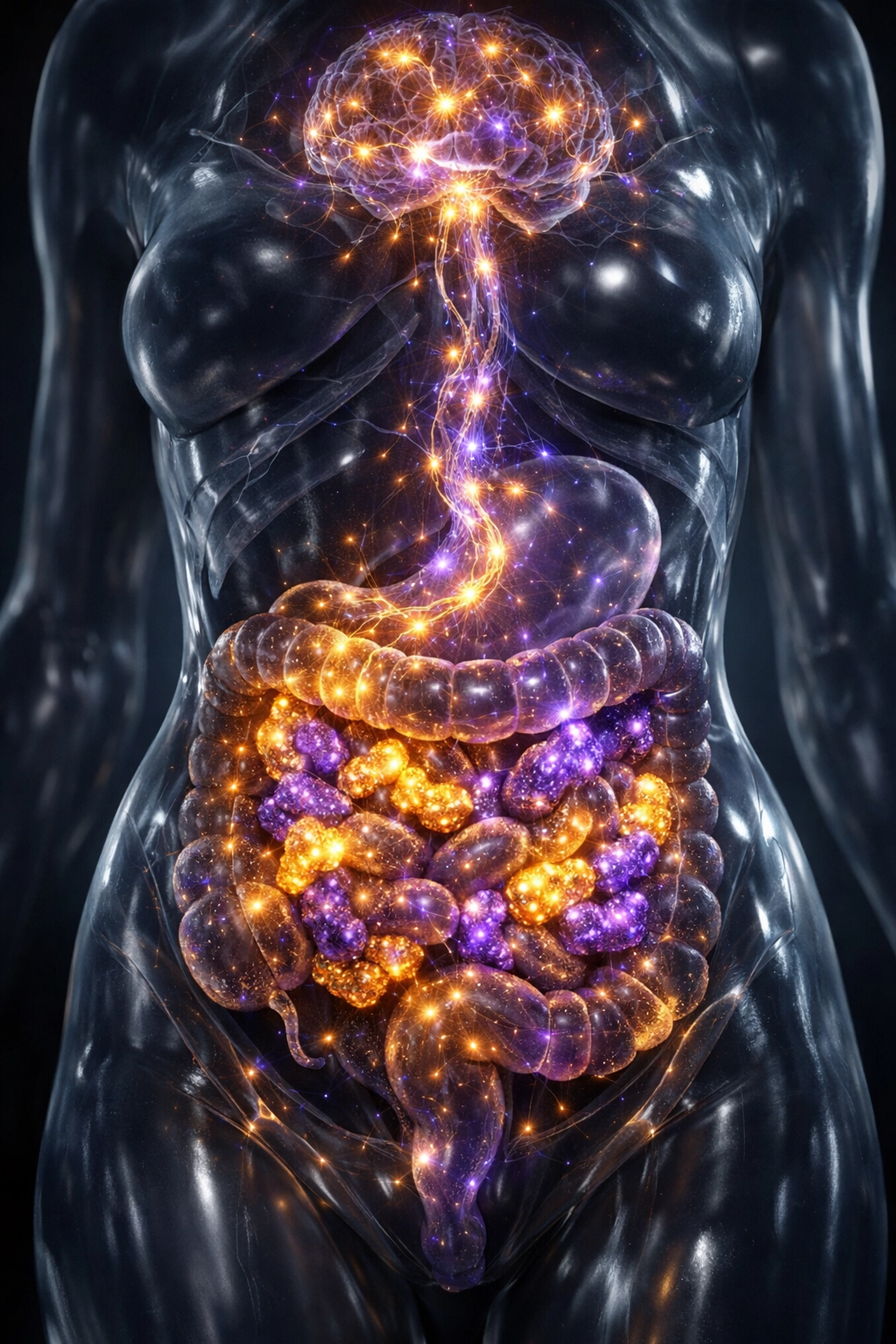 Visual representation of the gut-brain axis with microbiome bacteria sending neurotransmitter signals to the brain.