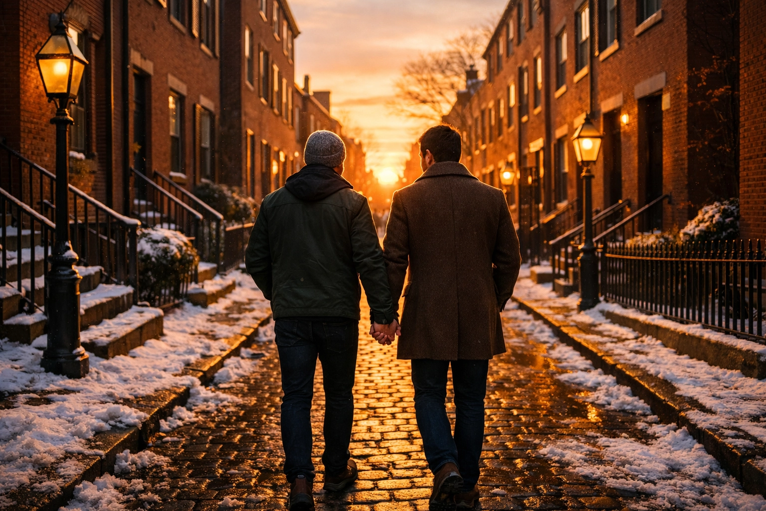 A gay couple walking hand-in-hand down a snowy cobblestone street during winter golden hour.