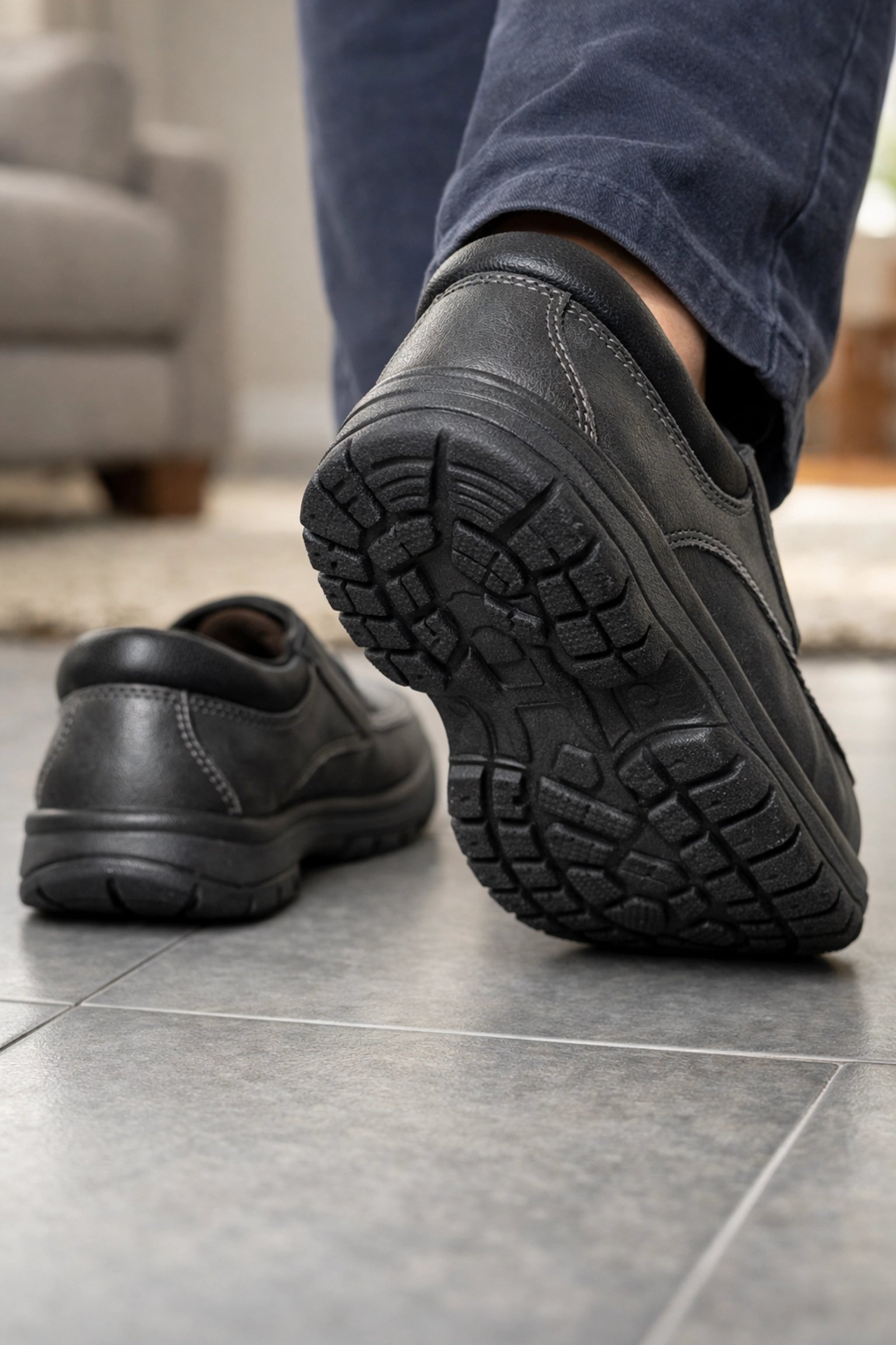 Supportive indoor shoes with rubber soles and closed backs to provide stability and prevent slips on home floors.