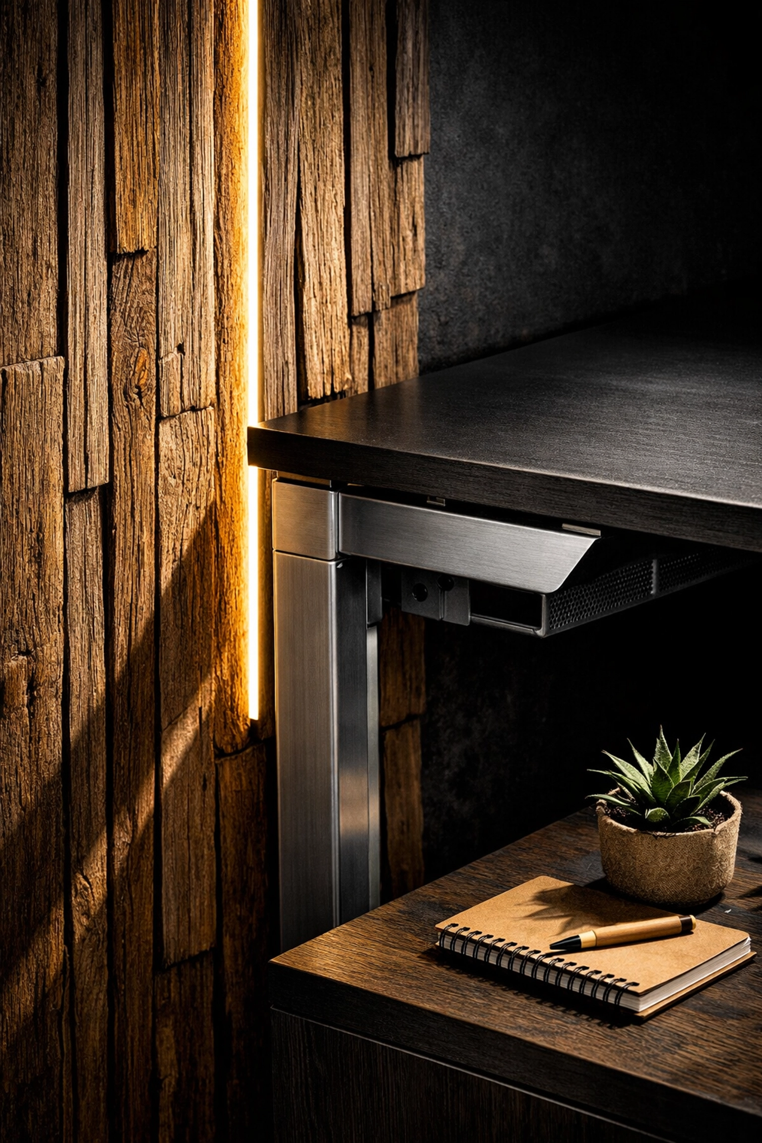 Sustainable commercial office refurbishment using reclaimed wood wall slats and modern architectural lighting.