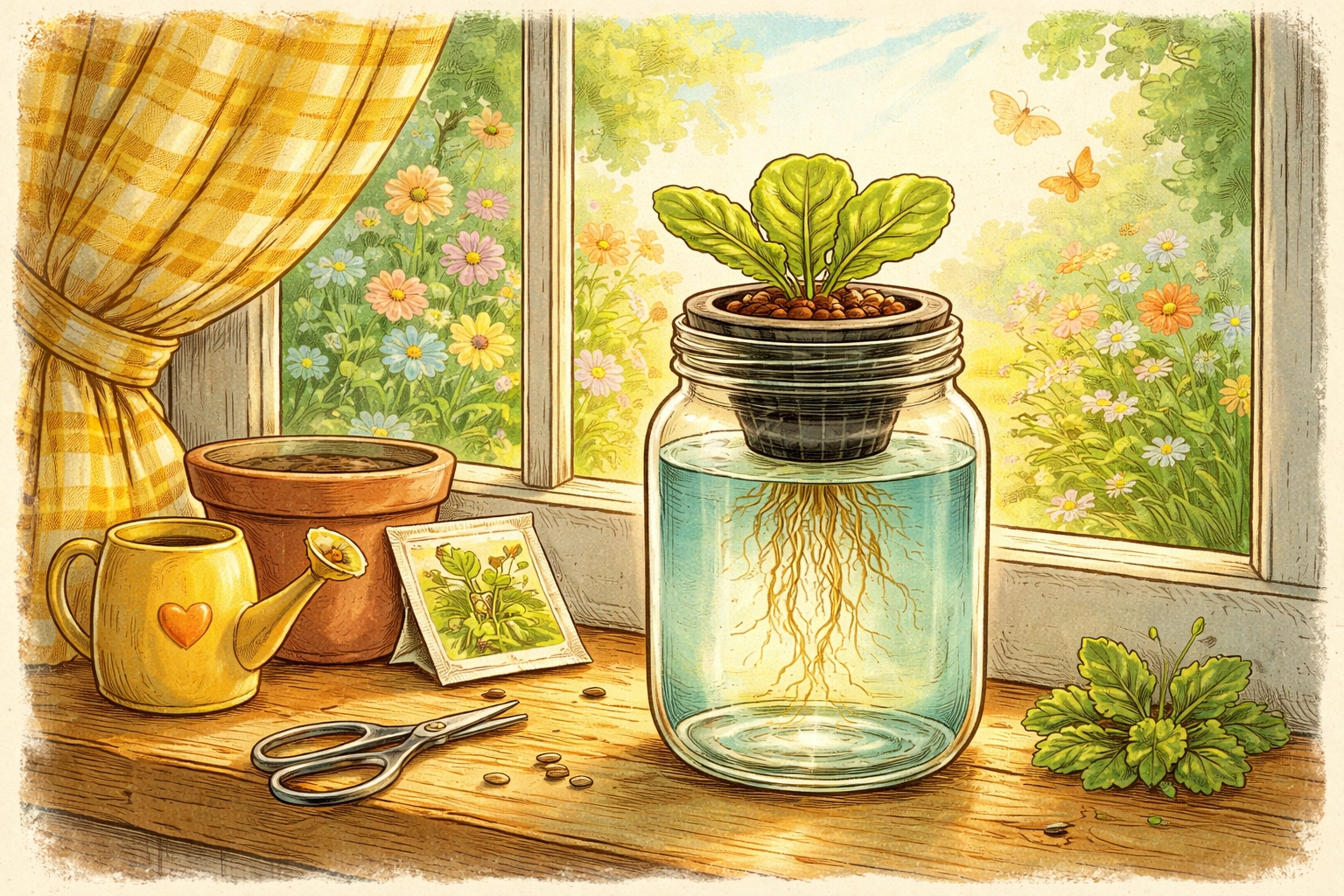 Kratky hydroponic system with lettuce seedling growing in a painted jar on a kitchen windowsill