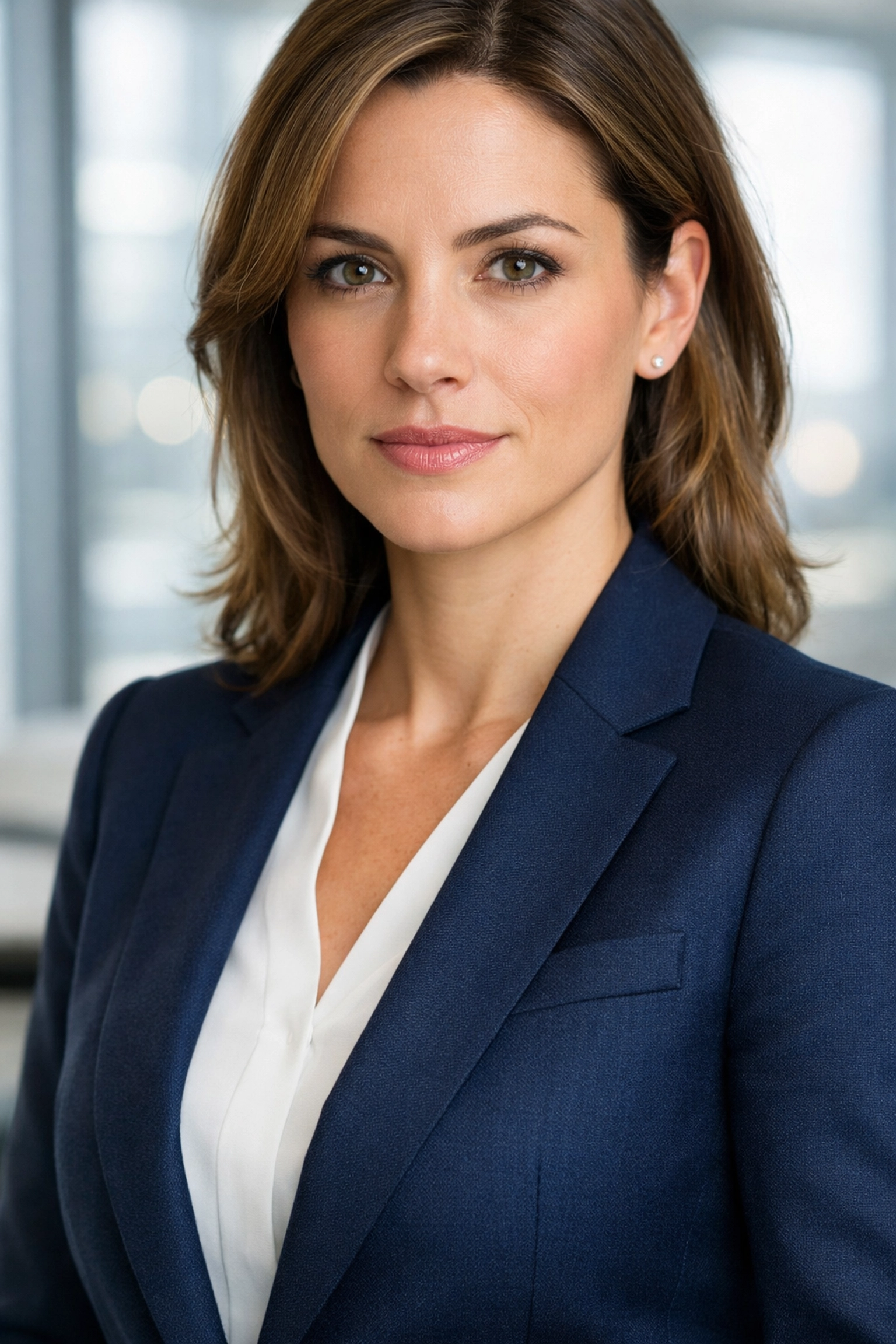 Woman wearing a tailored navy blazer for a professional corporate headshot in a modern office.
