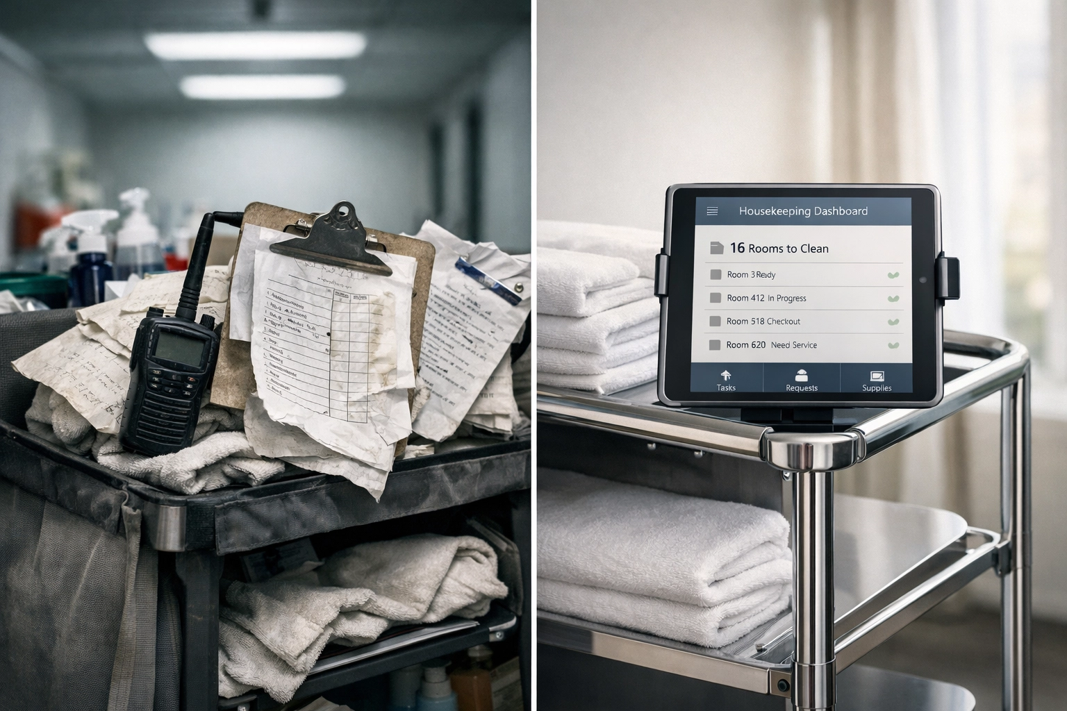 Traditional paper-based housekeeping versus modern digital tablet system