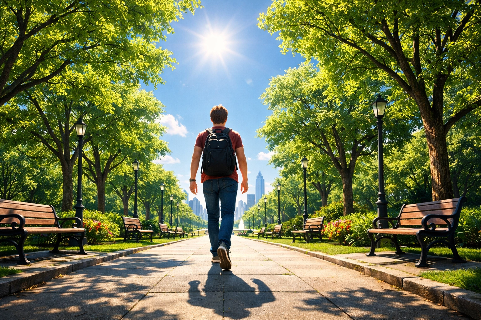 Confident person walking through a sunlit park at noon, moving from survival mode to a mission-focused day.
