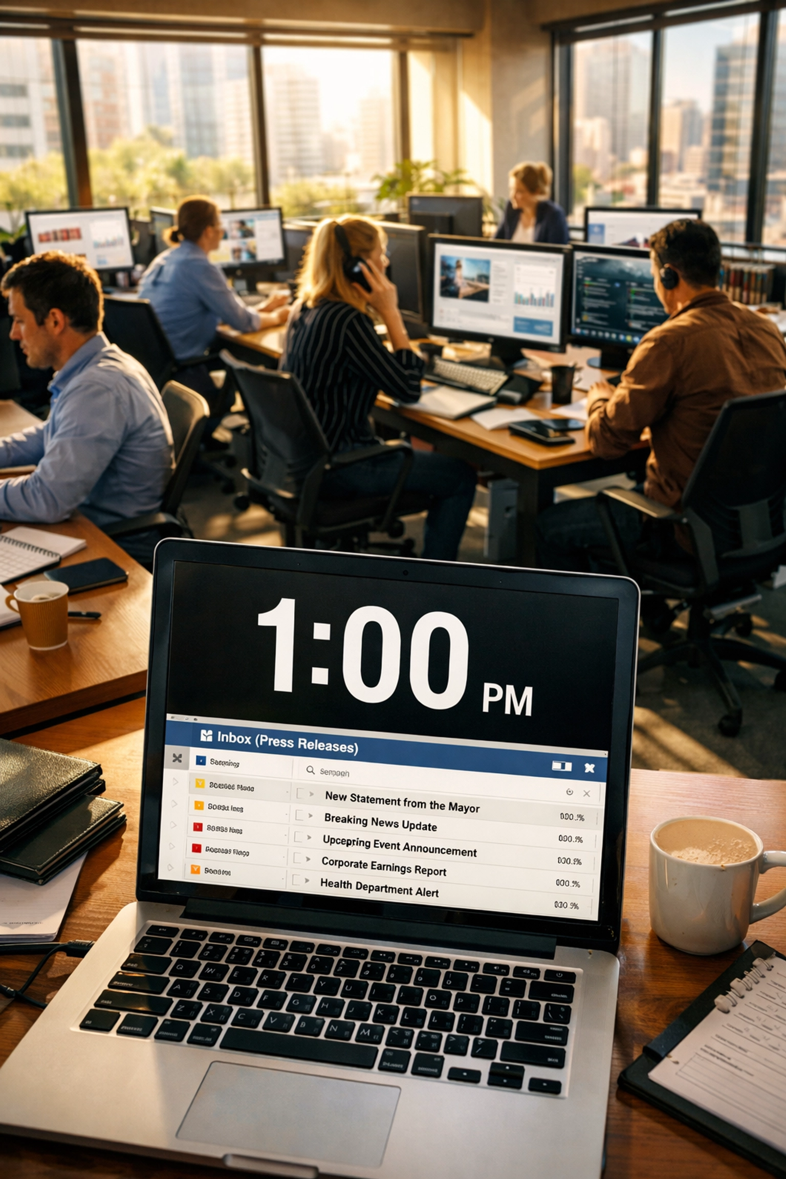Newsroom journalists working at 1PM reviewing press releases on dual monitors with email inbox