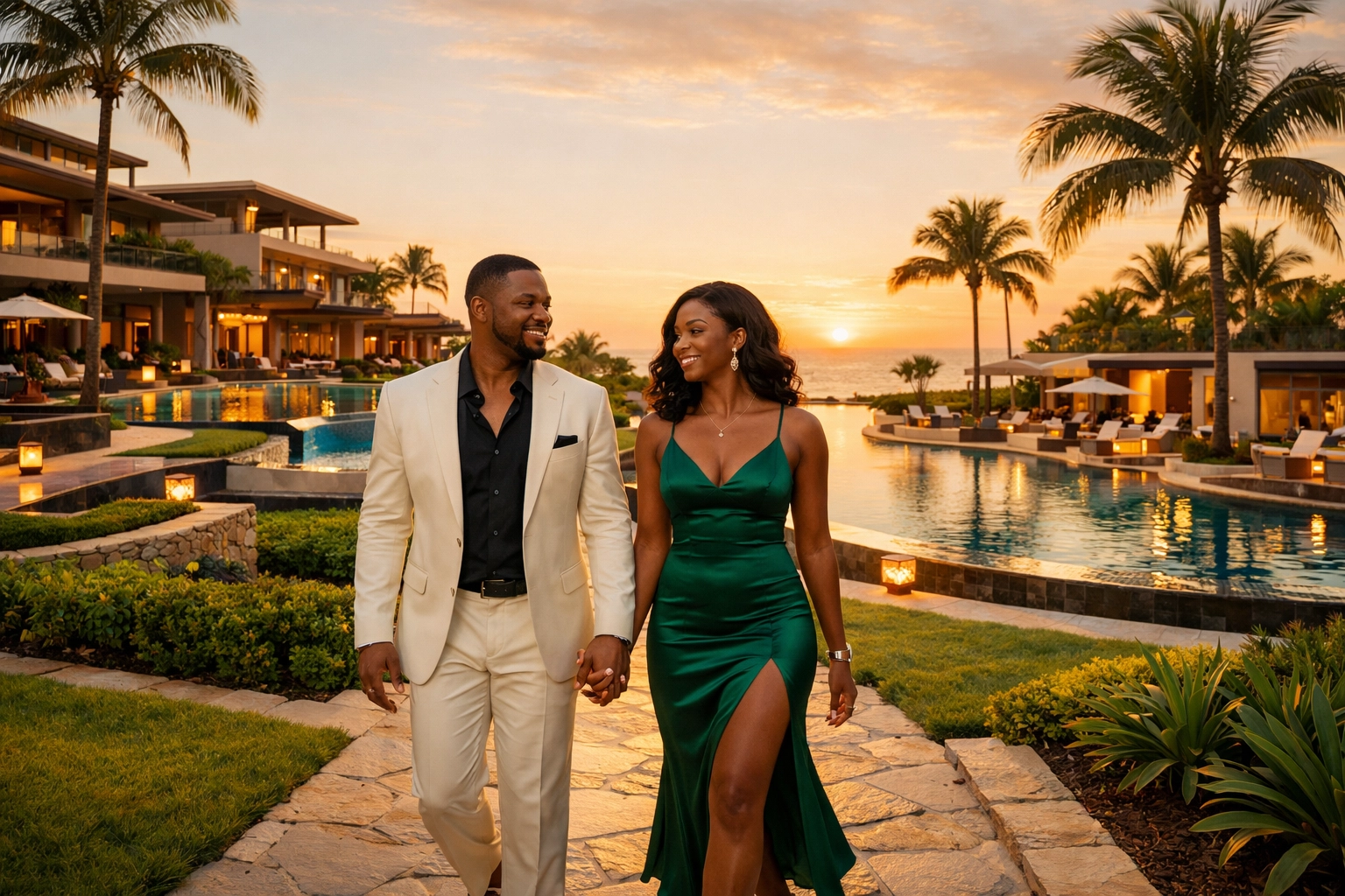 Couple walking through a luxury adults-only resort garden after expert personal travel planning.