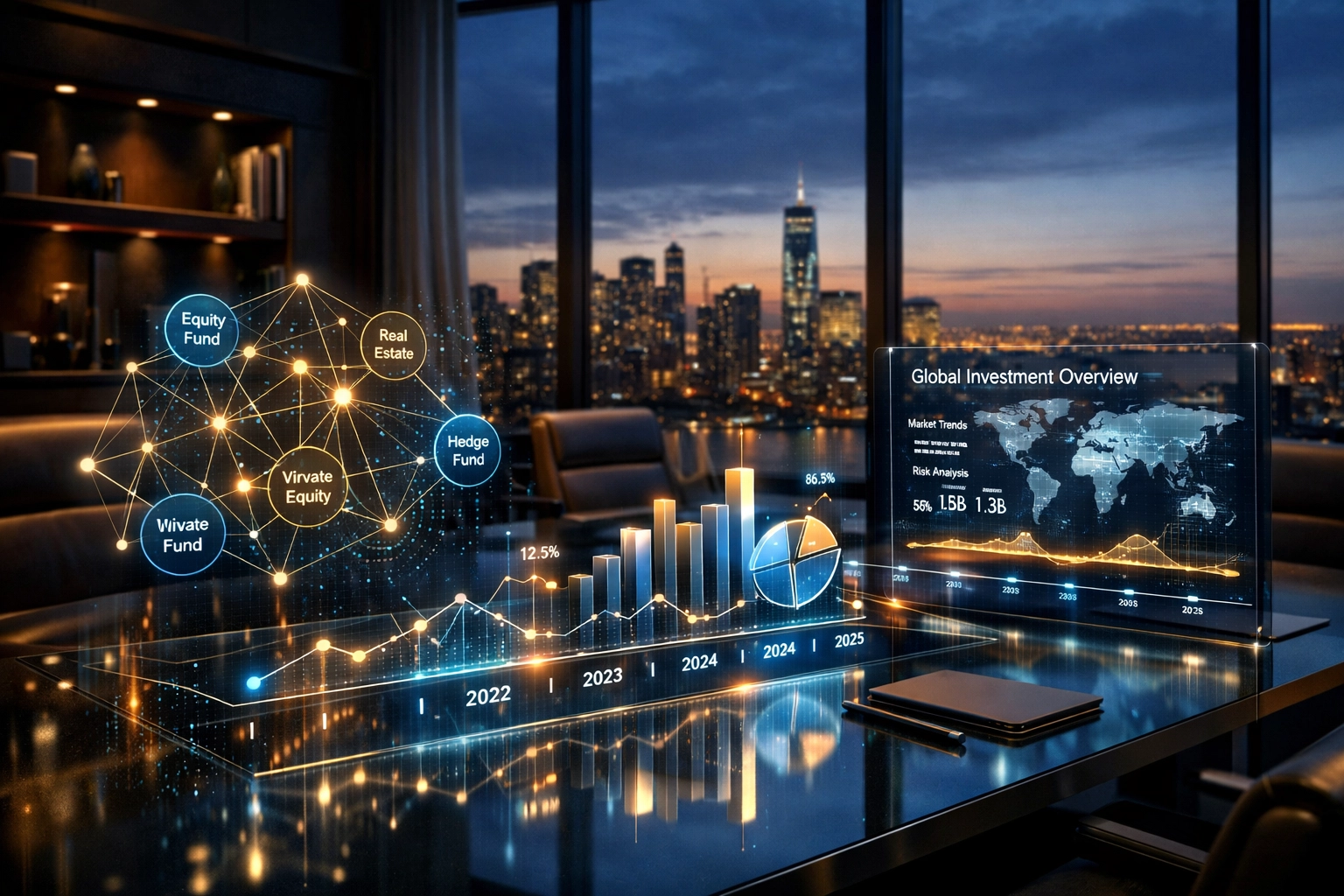 Modern institutional investment office analyzing private equity fund structures and data