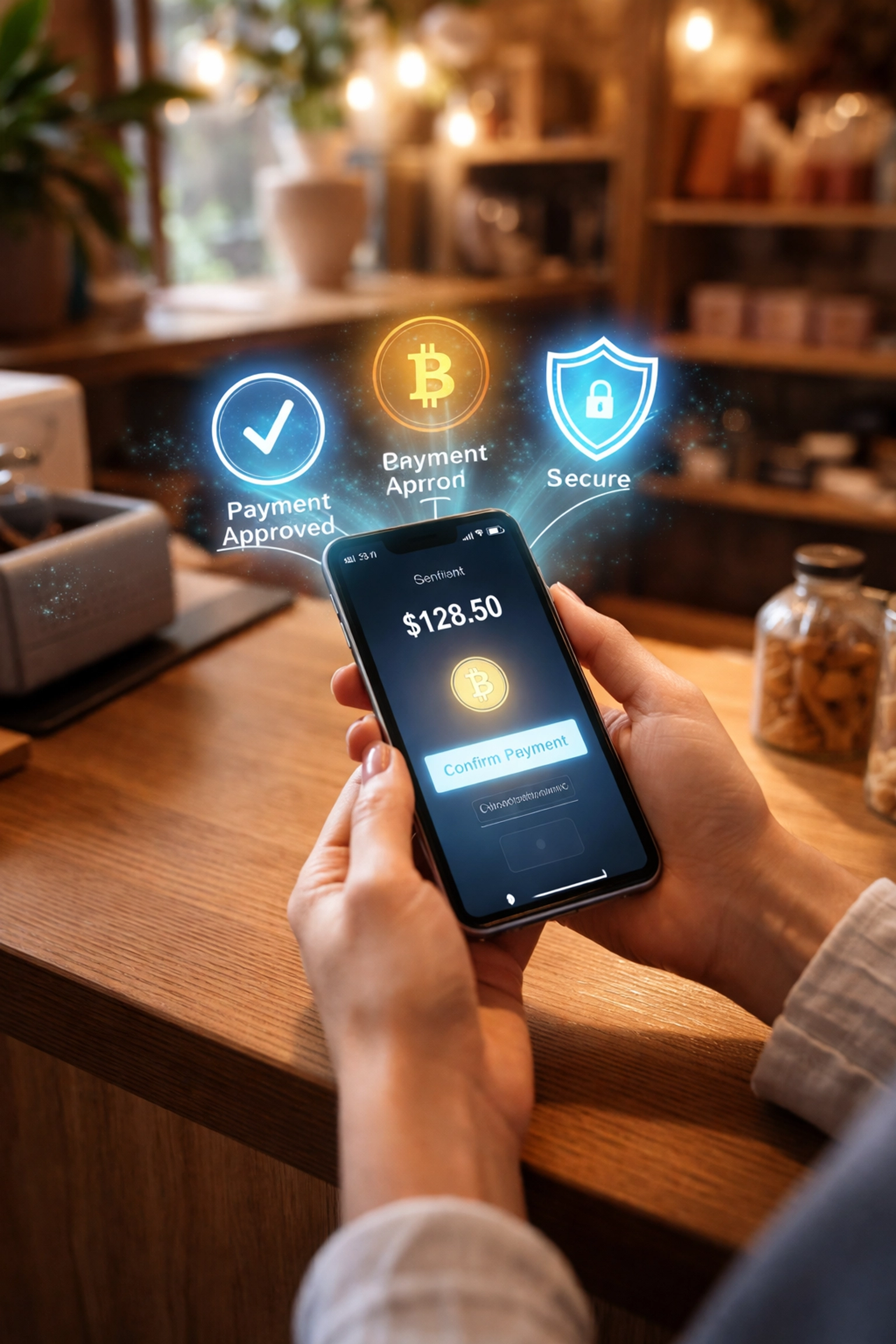 Small business owner using a crypto POS payment system in-store, highlighting Web3 payment integration and self-custody