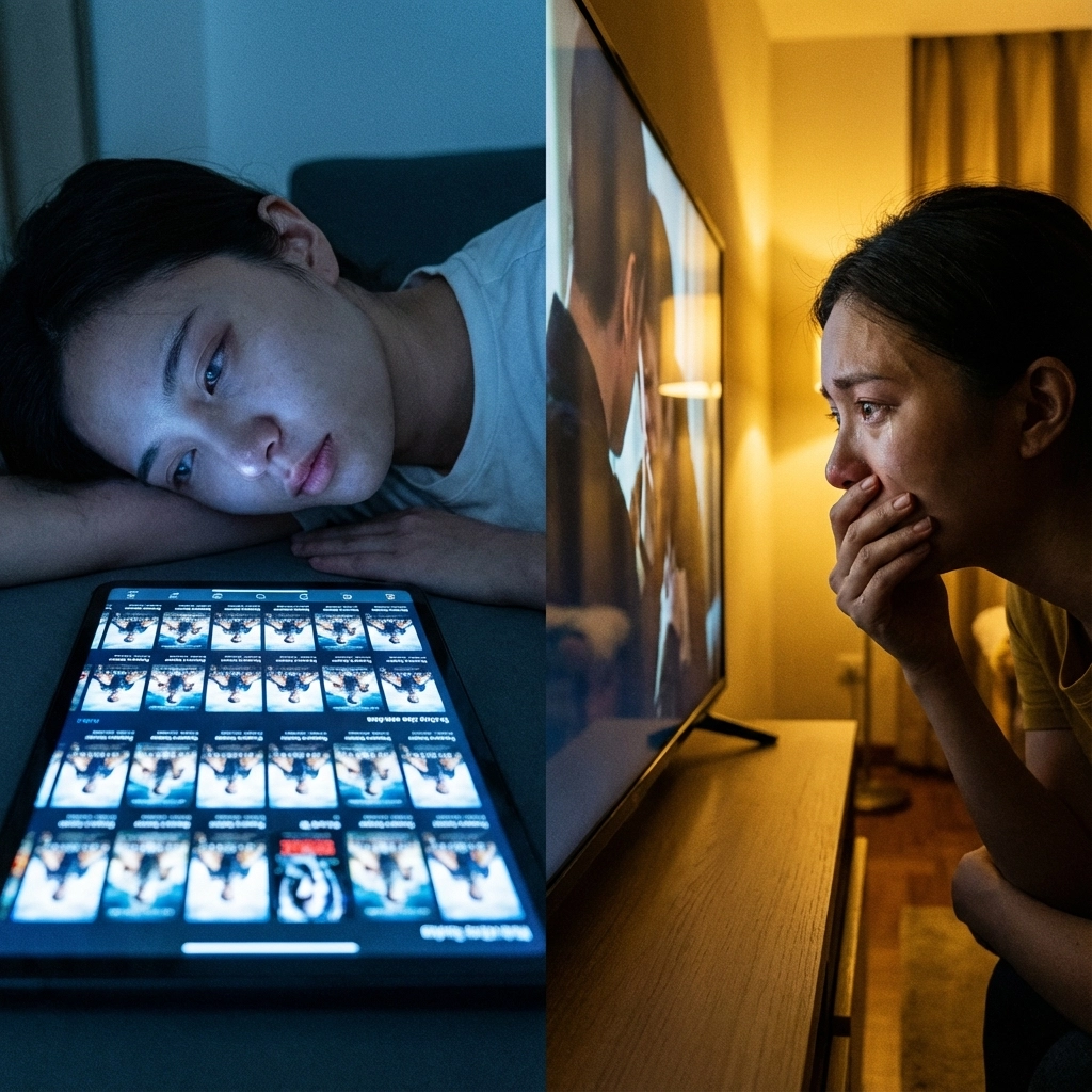 Woman lies on sofa looking at tablet screen with video thumbnails; second image shows her emotionally watching TV. Dimly lit room.