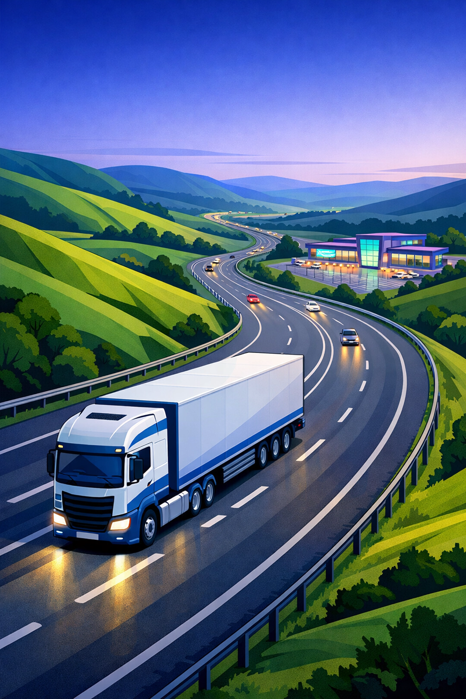 HGV truck driving along a scenic North West motorway near a modern service station.