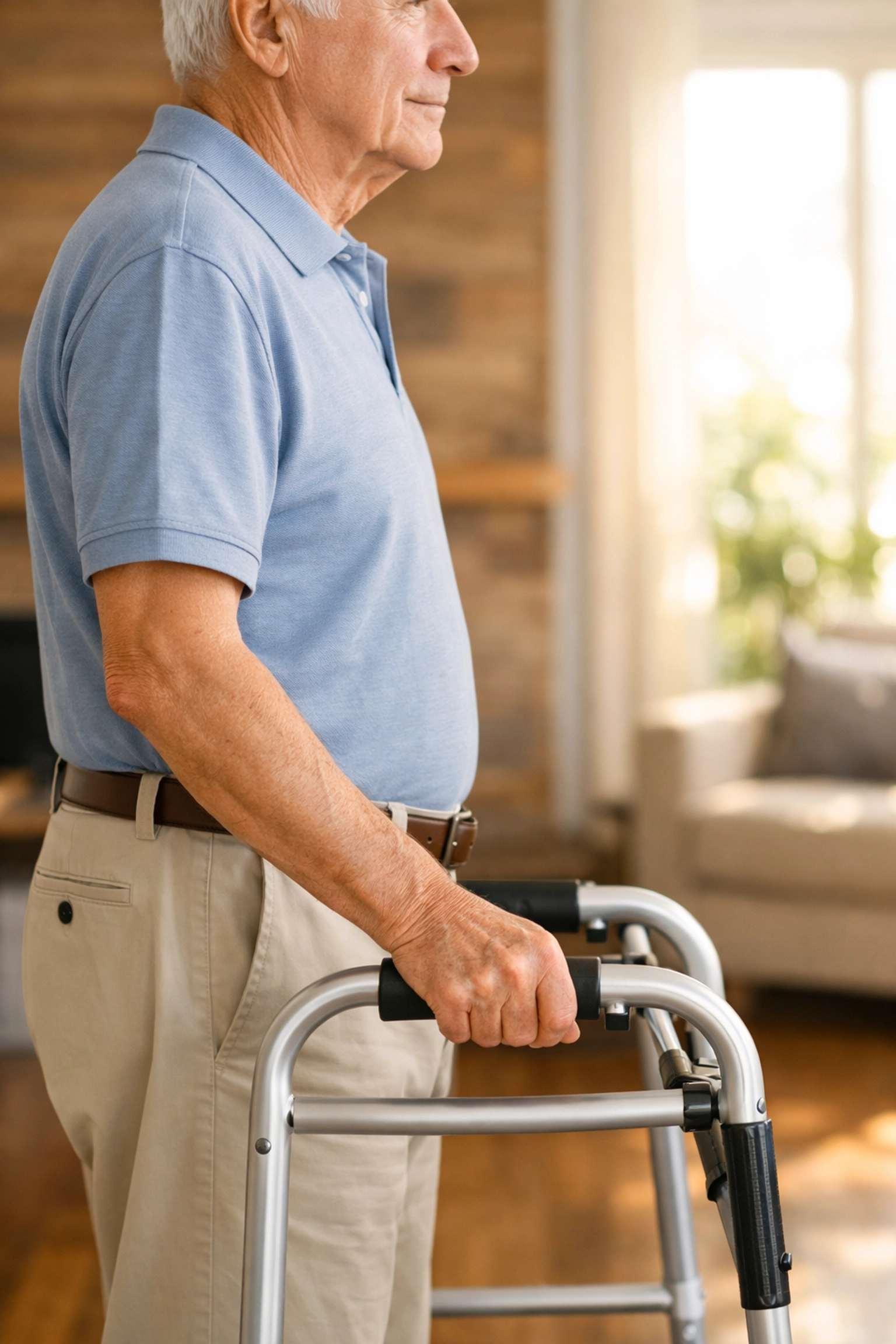 Senior man demonstrating correct walker handle height aligned with wrist crease for proper posture.