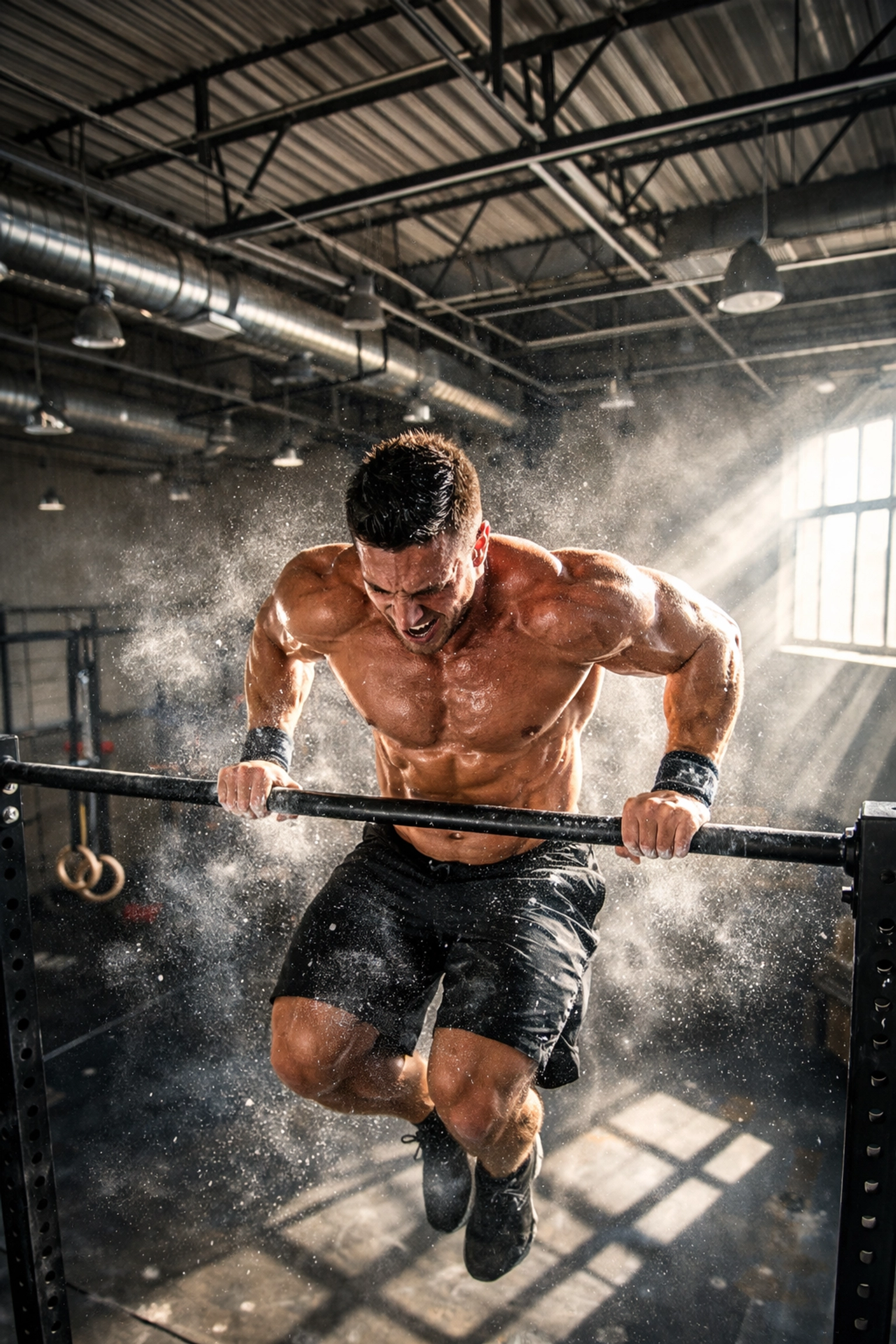 Athlete performing a muscle-up on a pull-up bar with plenty of ceiling clearance in a floor to ceiling gym.