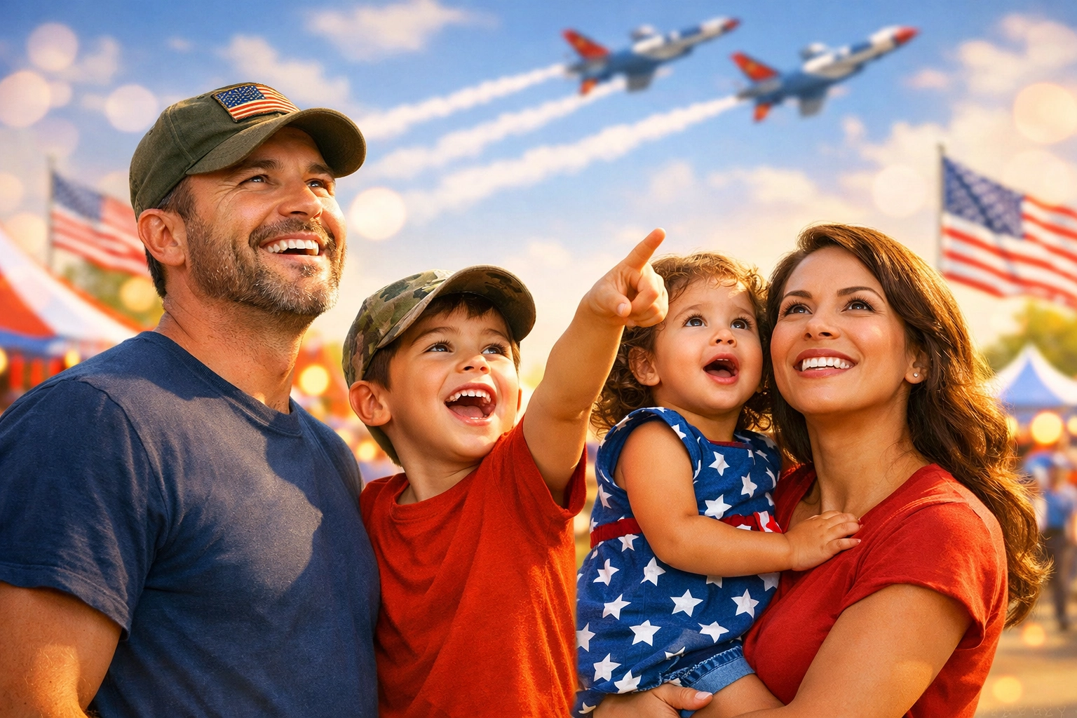 Military family enjoying airshow at Buckeye Air Fair with children pointing at aircraft