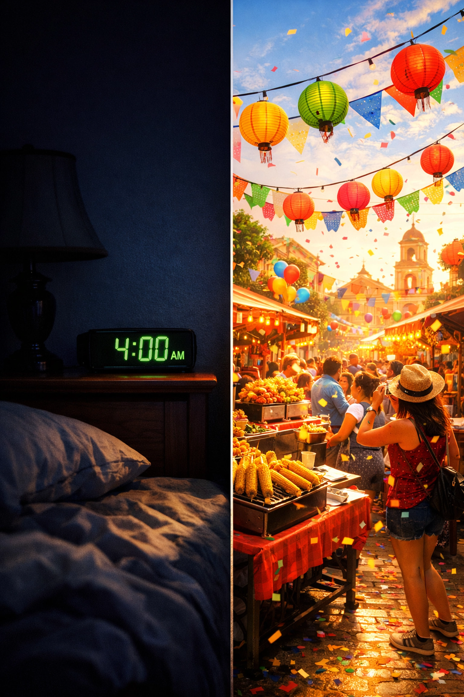 Comparison of a sleeping household and a local festival to illustrate global ad timing and holiday planning.