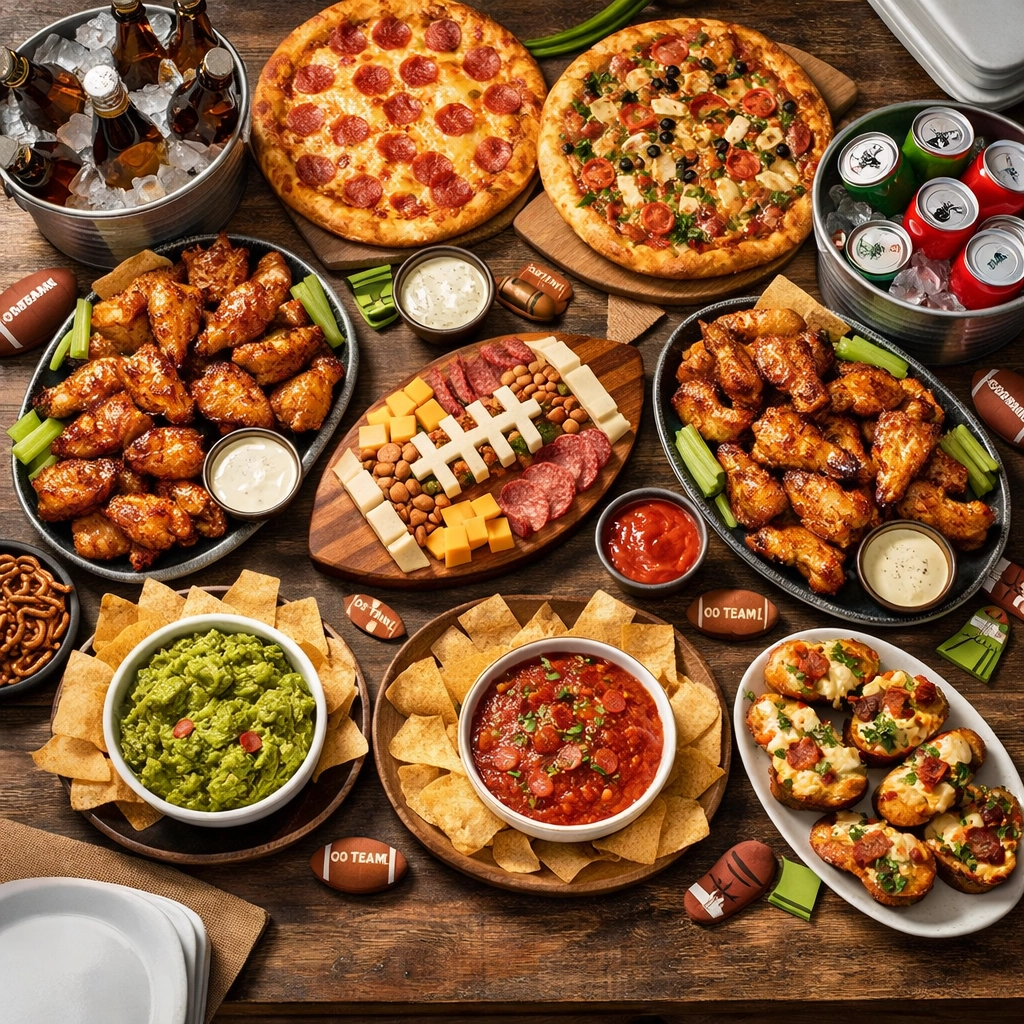 Super Bowl party food spread with pizza, wings, and appetizers for Las Vegas game day celebration