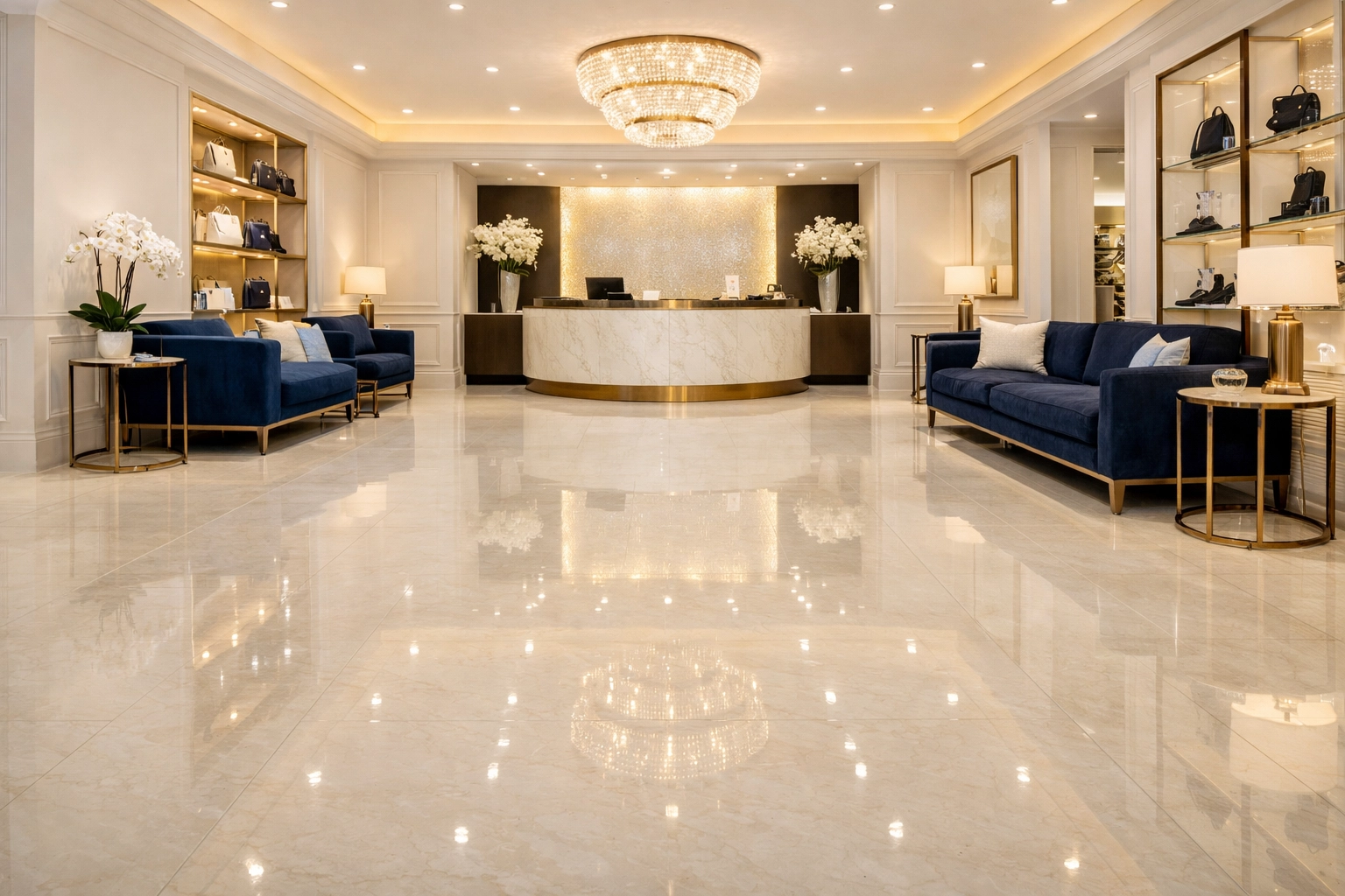 A gleaming high-end commercial lobby in Lancaster MA showcasing expert floor care and cleaning.