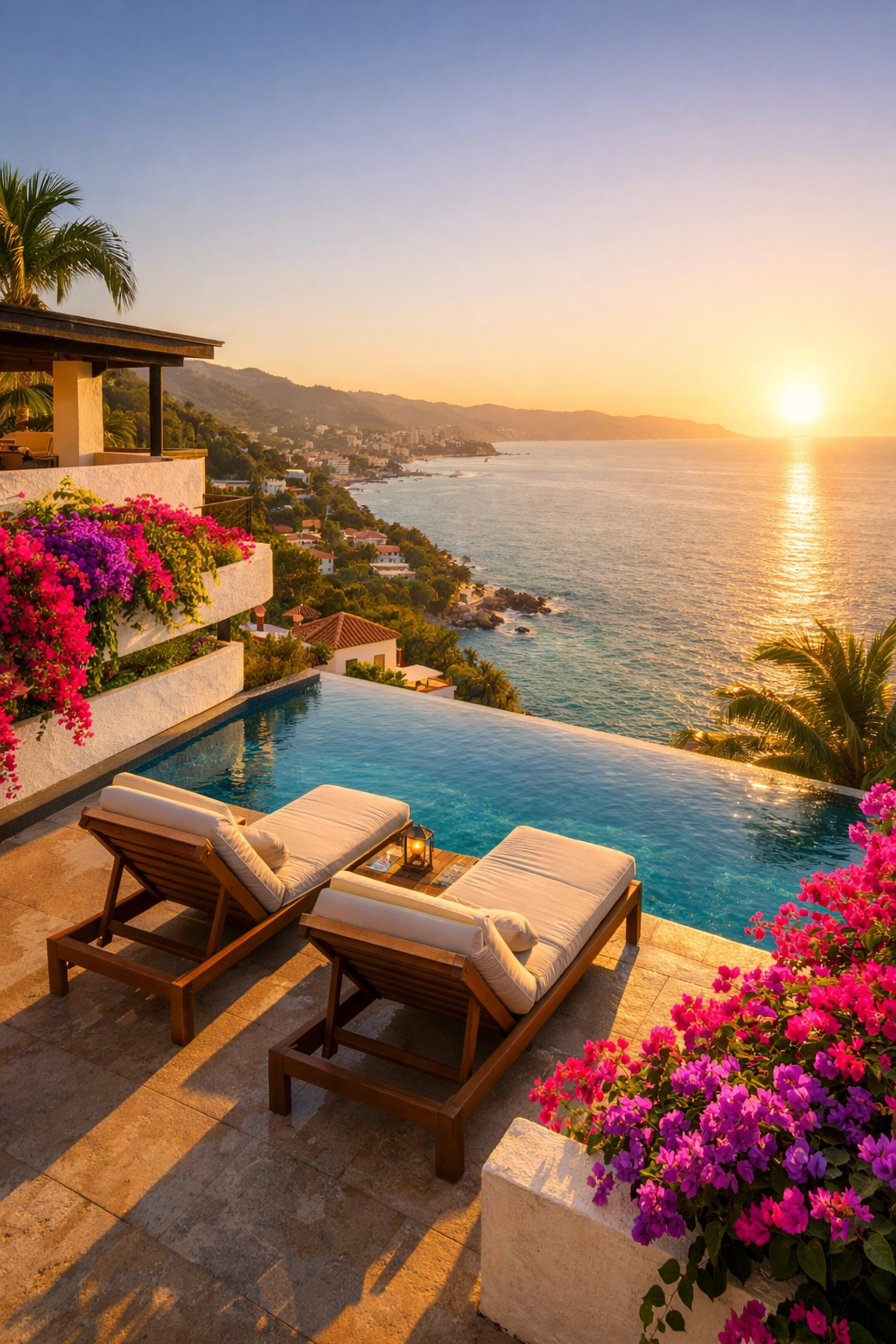Infinity pool terrace overlooking Banderas Bay in Amapas Puerto Vallarta with ocean views