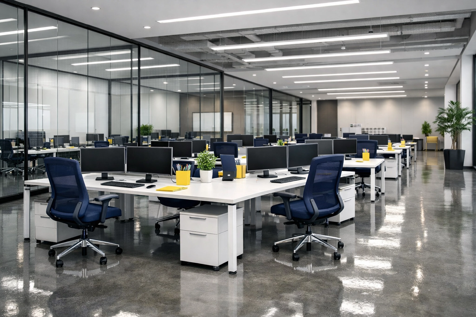 Clean modern office space with polished floors and tidy desks after professional office cleaning Worcester.