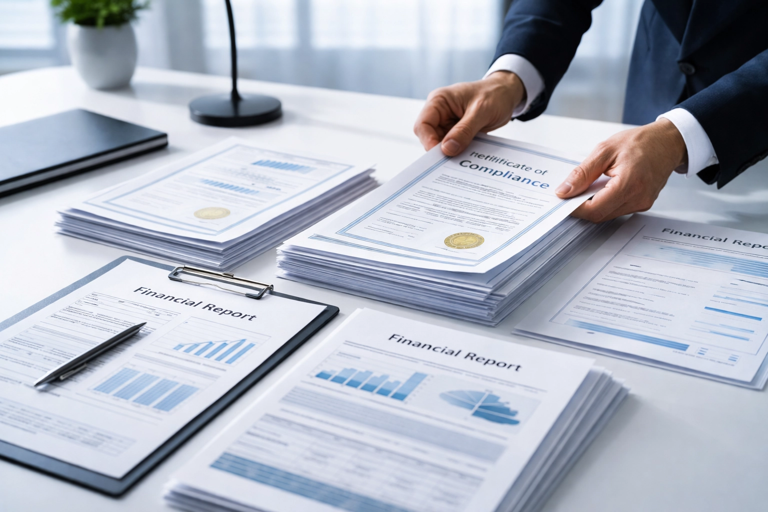 Organized business compliance documents being sorted on a desk for a debt collection processing application
