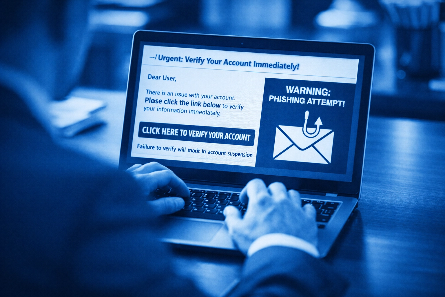 Business professional reviewing suspicious phishing email on laptop screen