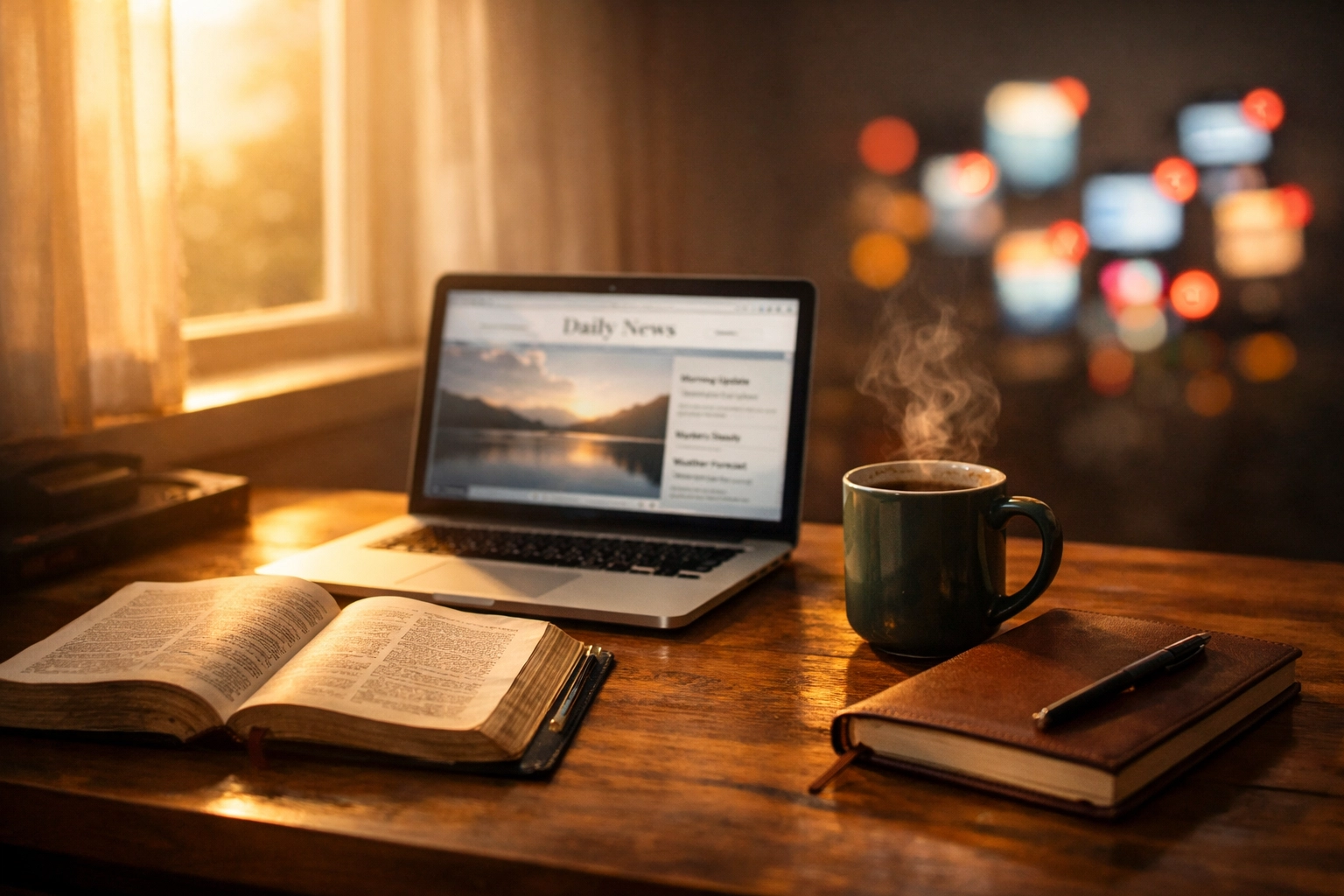Bible and laptop on desk with coffee showing peaceful news reading vs chaotic phone notifications