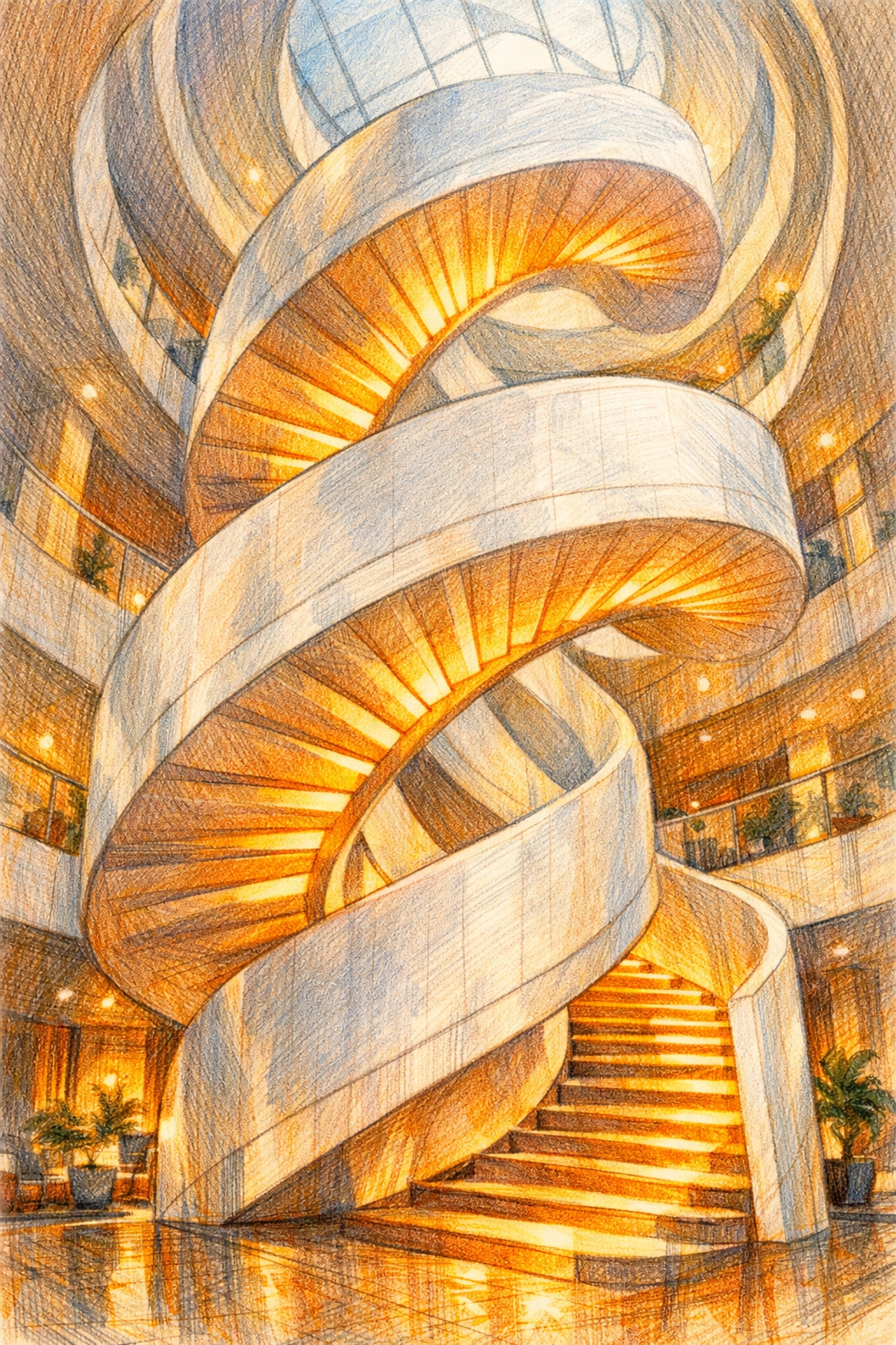 Dramatic sculptural grand staircase in a minimalist boutique hotel atrium reflecting luxury design.