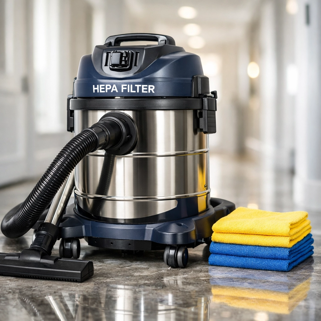 Professional HEPA vacuum and microfiber cloths used for expert post construction cleaning Medway.