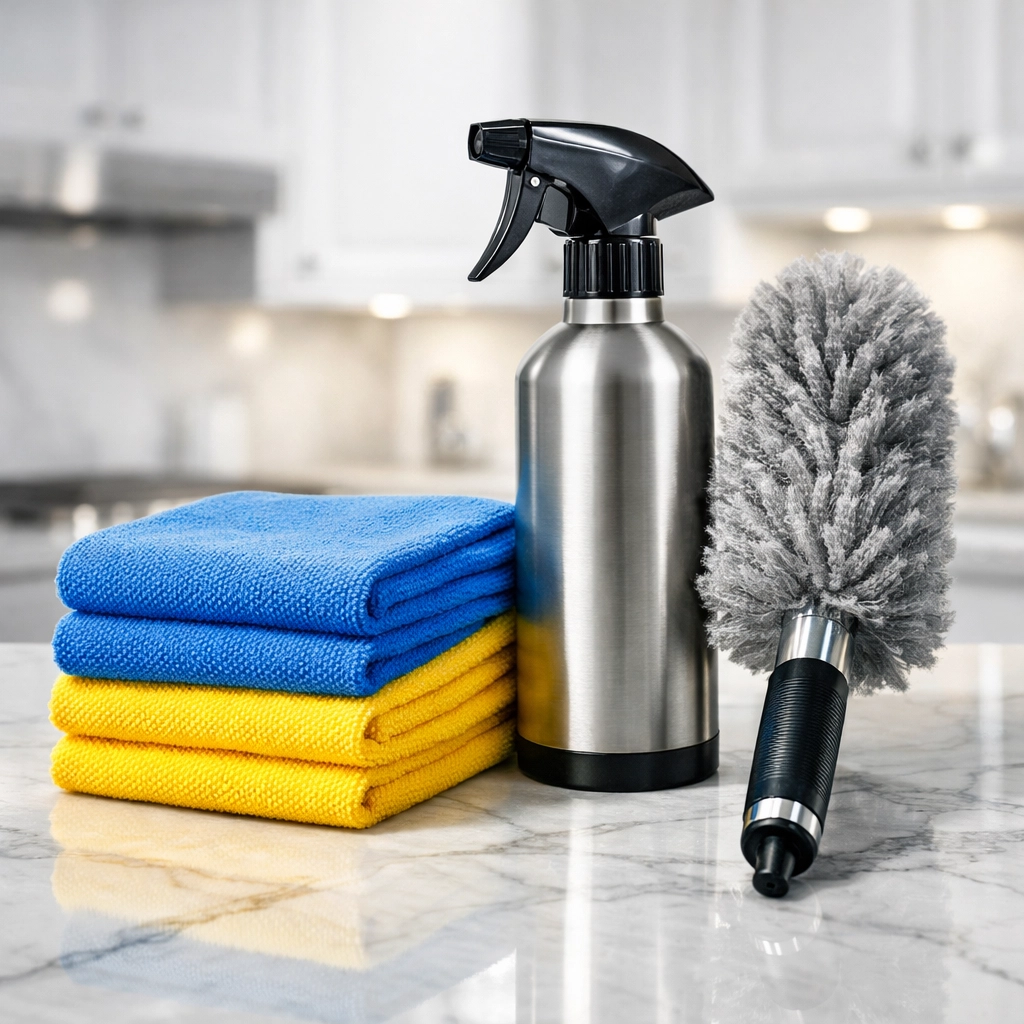 Professional microfiber cloths and spray bottle for high-quality house cleaning Pepperell MA on marble counters.
