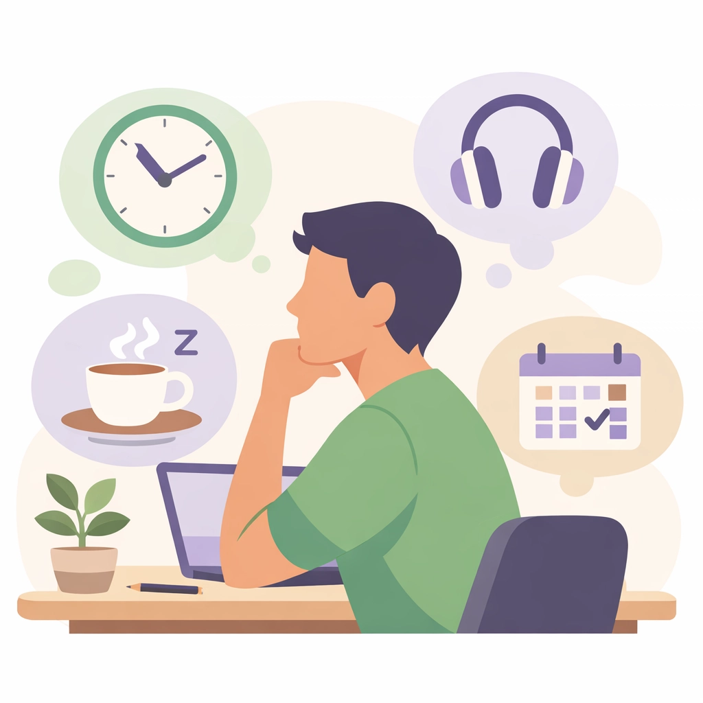 Employee at desk with workplace accommodation icons including clock, headphones, and calendar