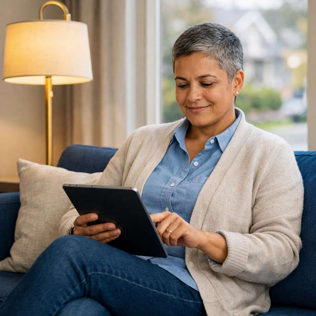 A relaxed borrower reviewing a cash advance approval on a tablet in their living room.