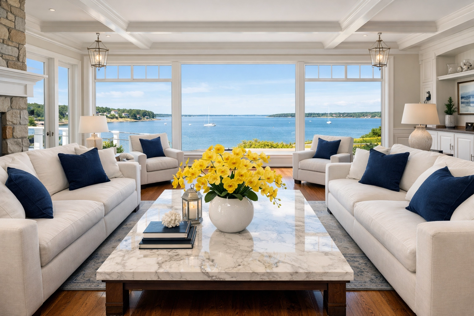 Pristine coastal living room showcasing the results of luxury house cleaning in Duxbury estates.
