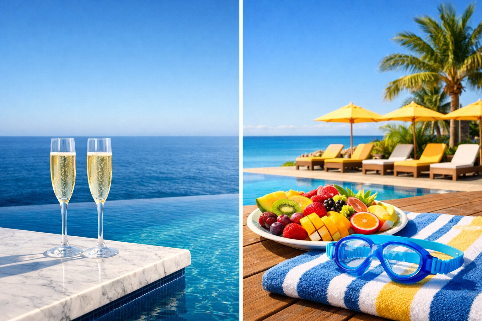 Side-by-side view comparing a quiet adults-only infinity pool with a fun family resort deck.