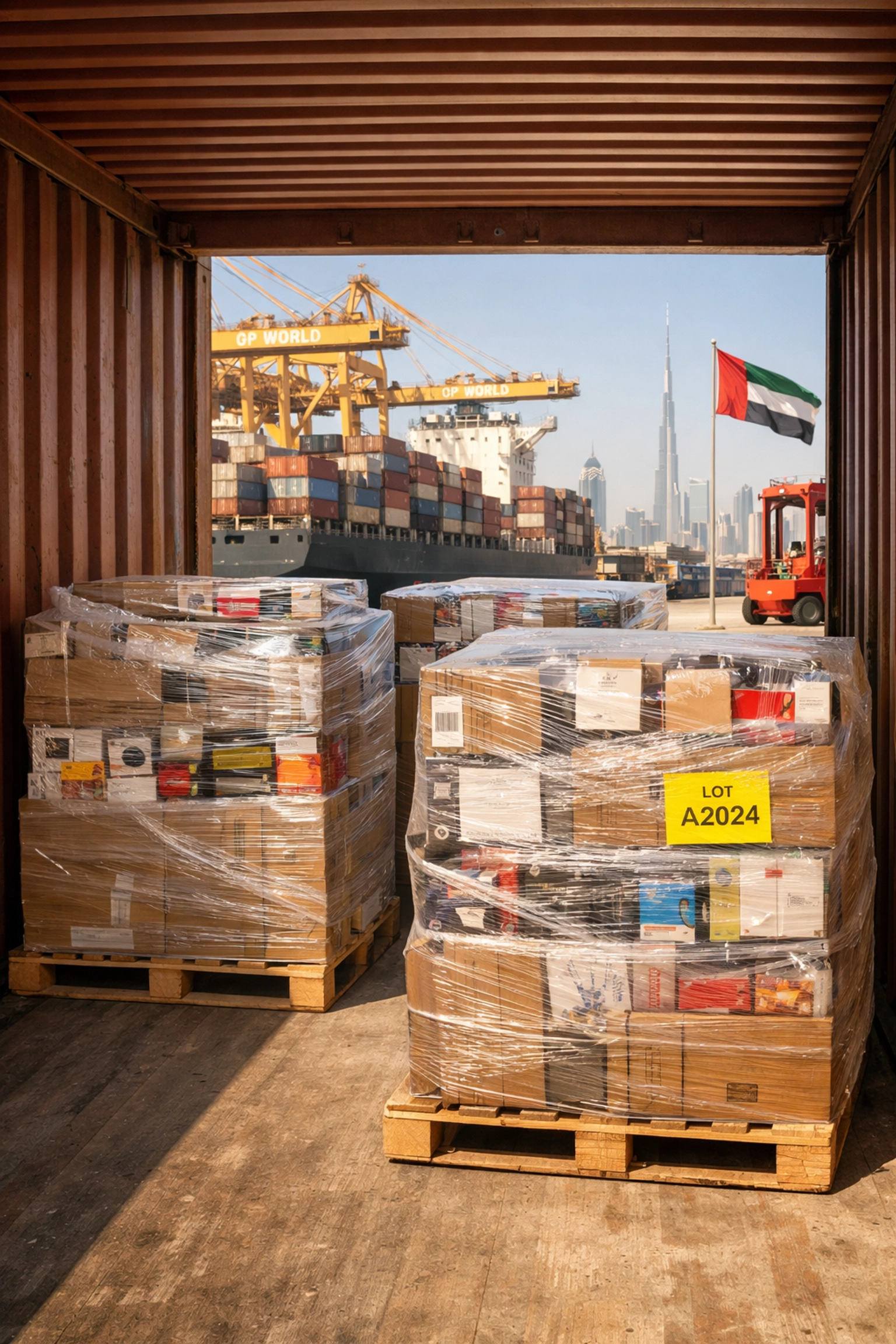 Liquidation pallets in shipping container at Dubai port facility for UAE import