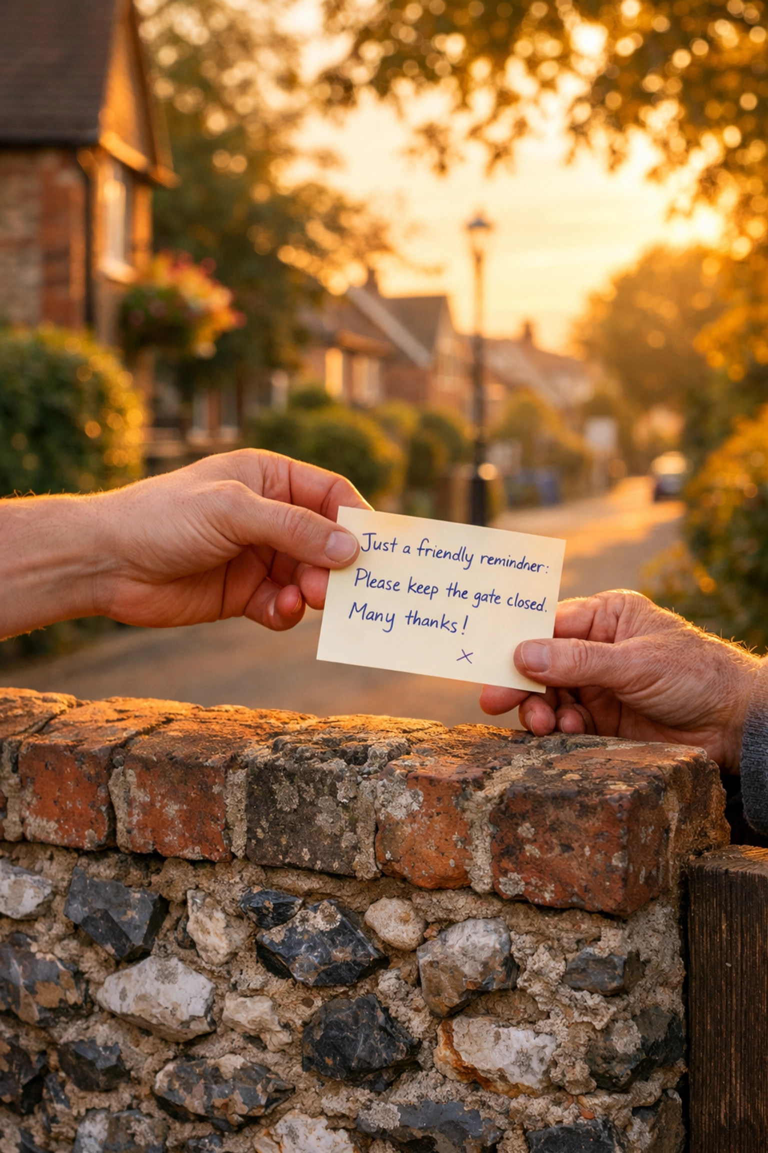Homeowner sharing a neighbor notification letter over a flint garden wall in Bognor Regis.