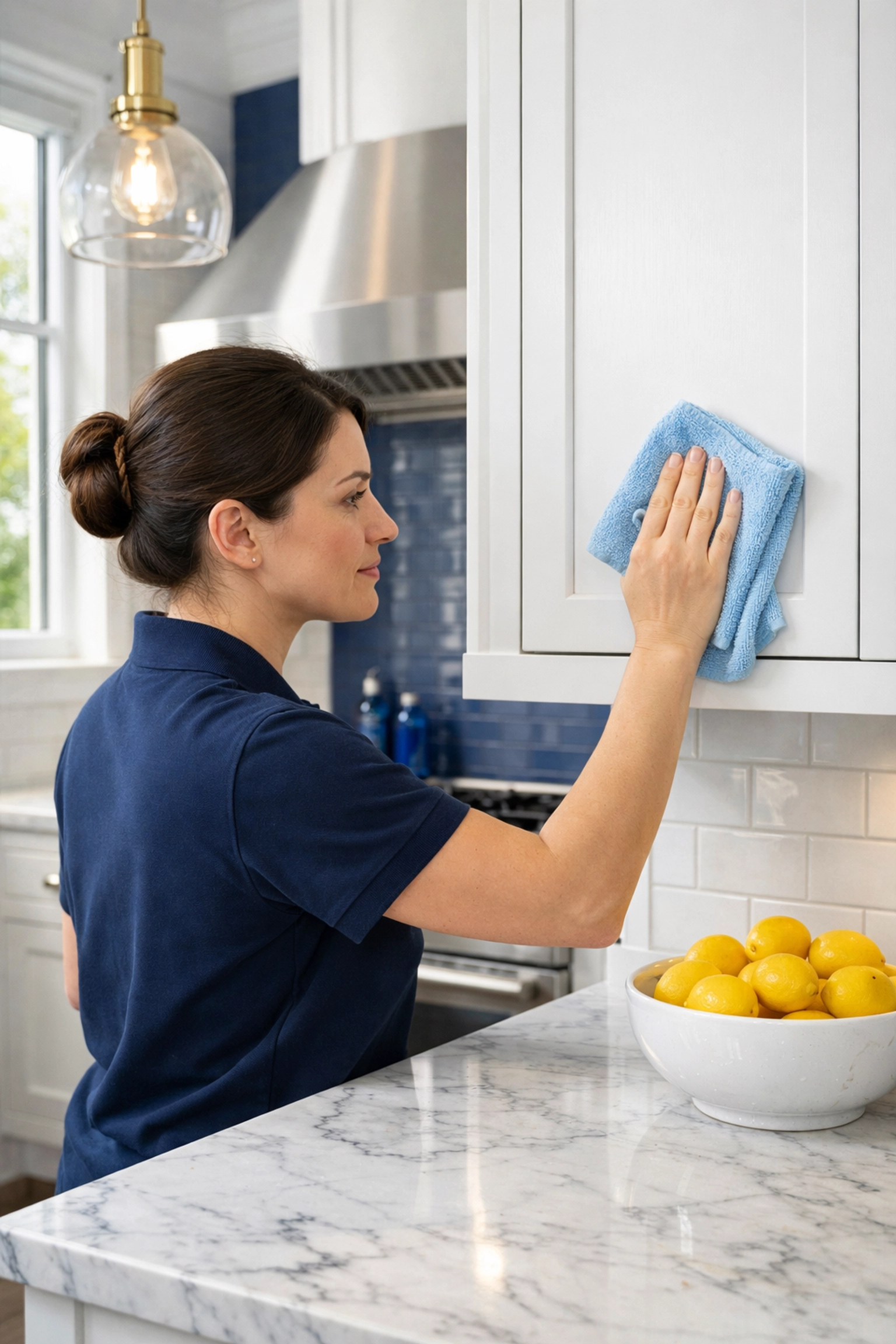 Professional cleaner detailing a modern kitchen as part of post construction cleaning Milford.