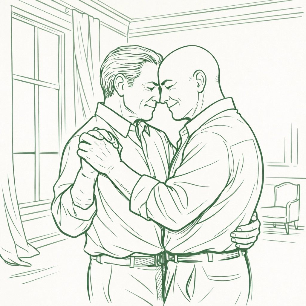 Two mature men dancing together in elegant space - enduring love and deep MM romance connection