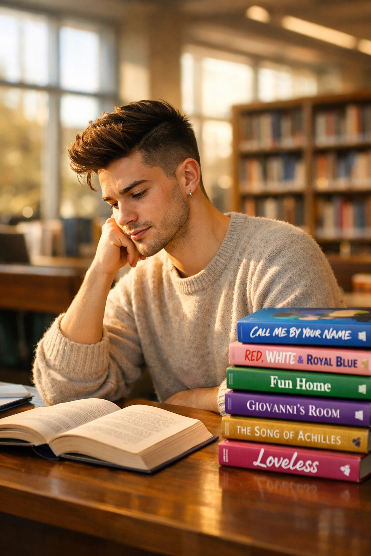 A young gay student in a university library with a stack of LGBTQ+ ebooks for study and relaxation.