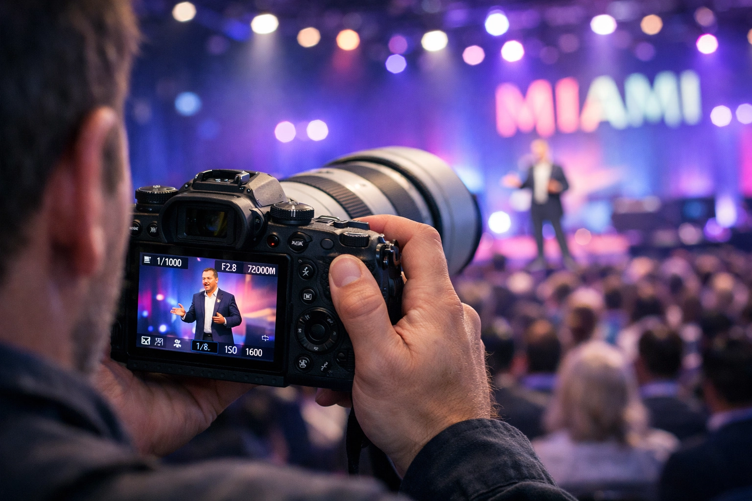 A corporate event photographer in Miami capturing a keynote speaker at a high-pressure business conference.