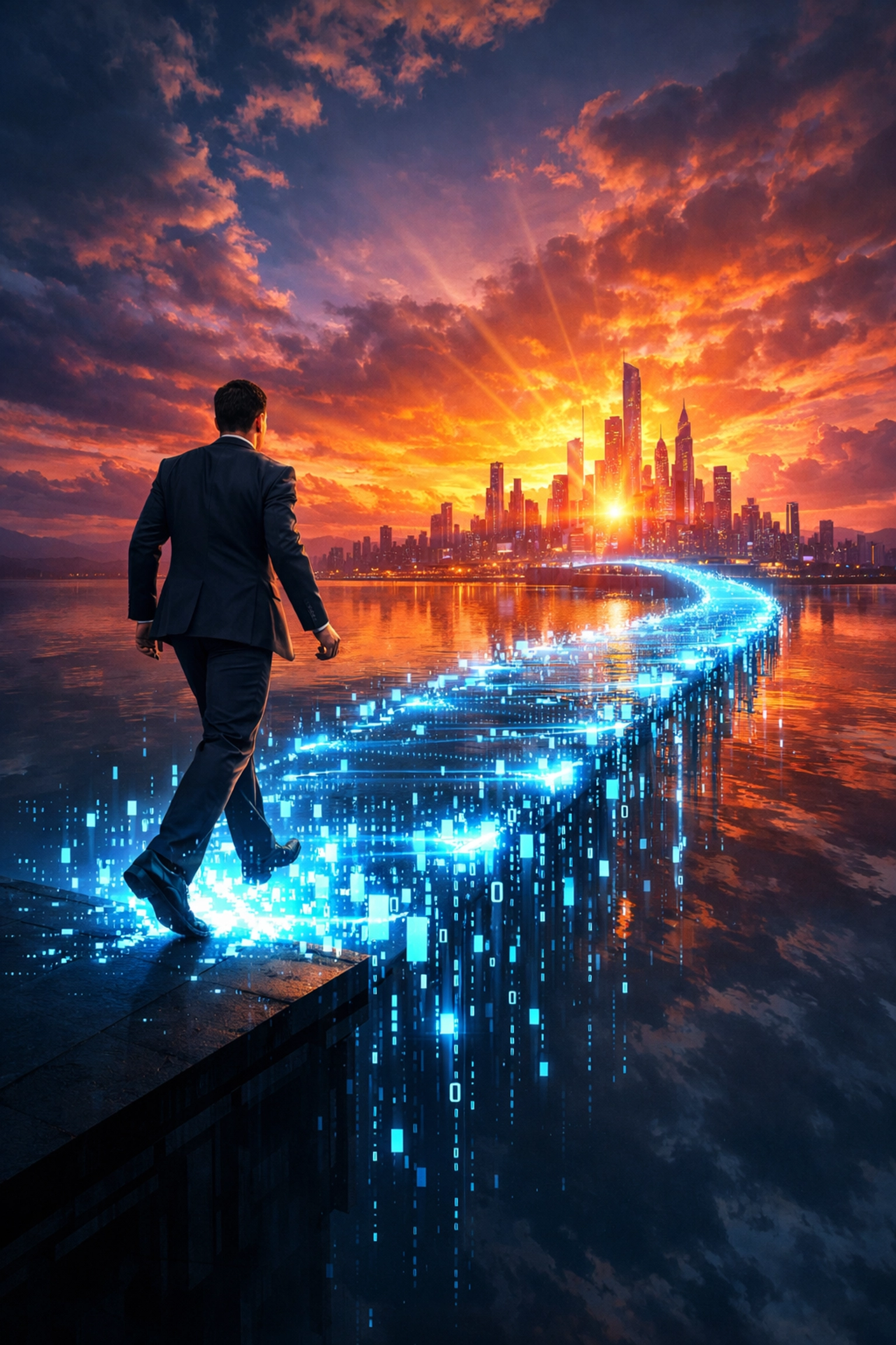 Mutiger Schritt über eine digitale Brücke in die Zukunft dank einer professionellen KI-Strategie.