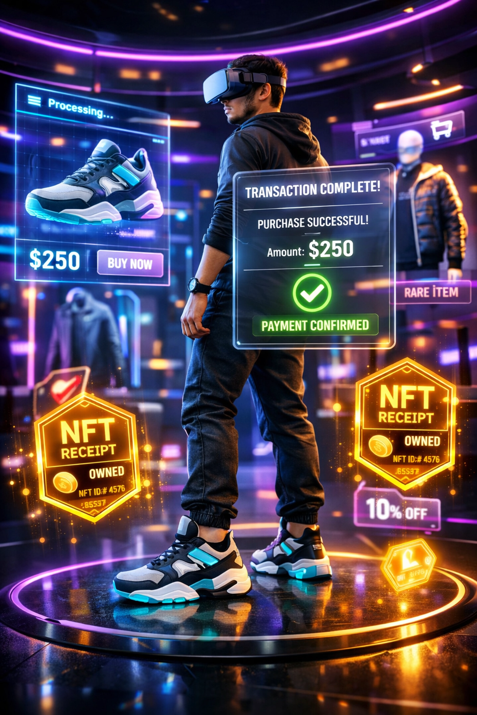 Metaverse shopping experience with NFT receipt tokens and holographic displays in virtual boutique