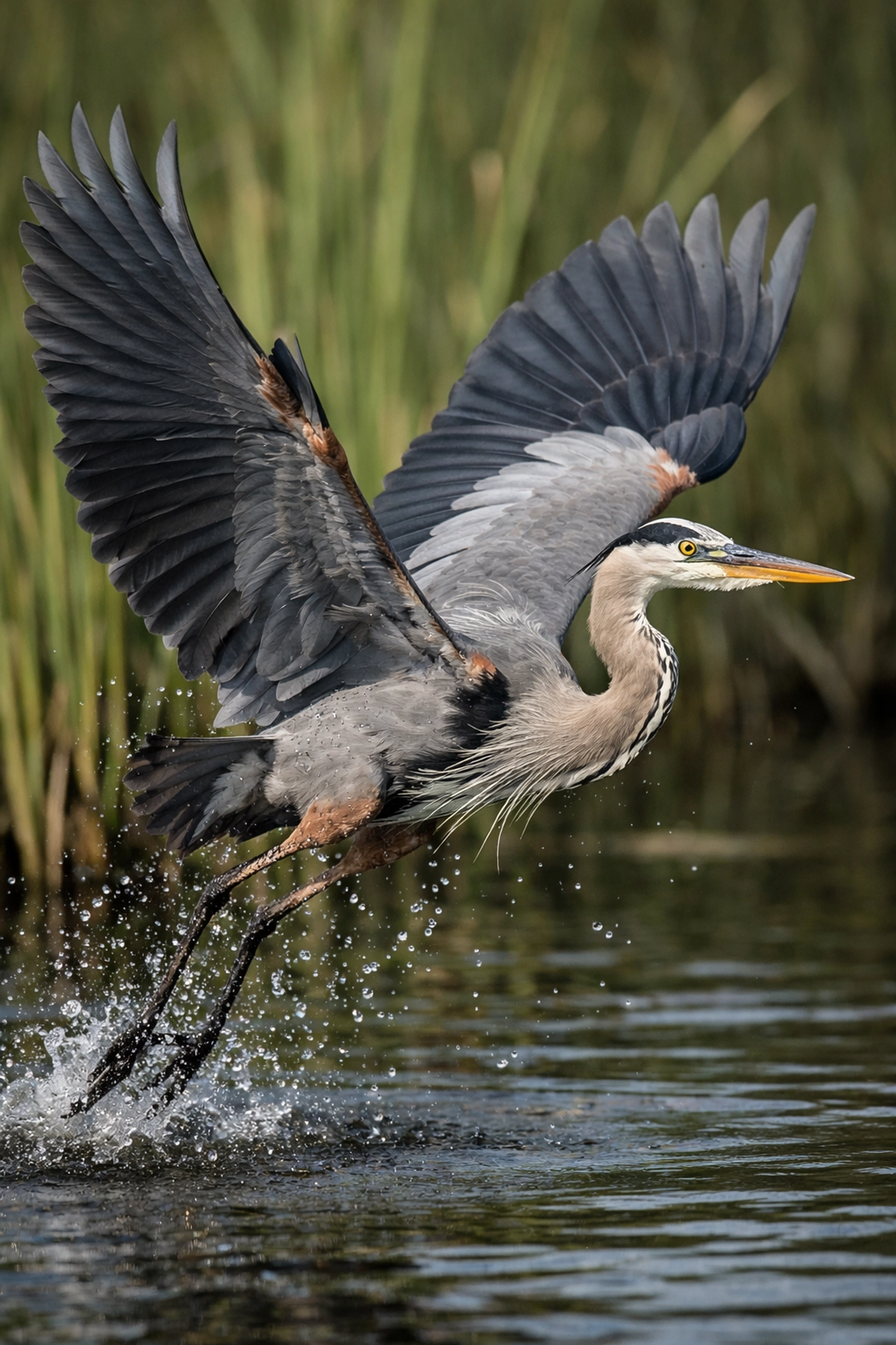 Action shot of a Great Blue Heron taking flight in the Shark Valley marshes of the Everglades.